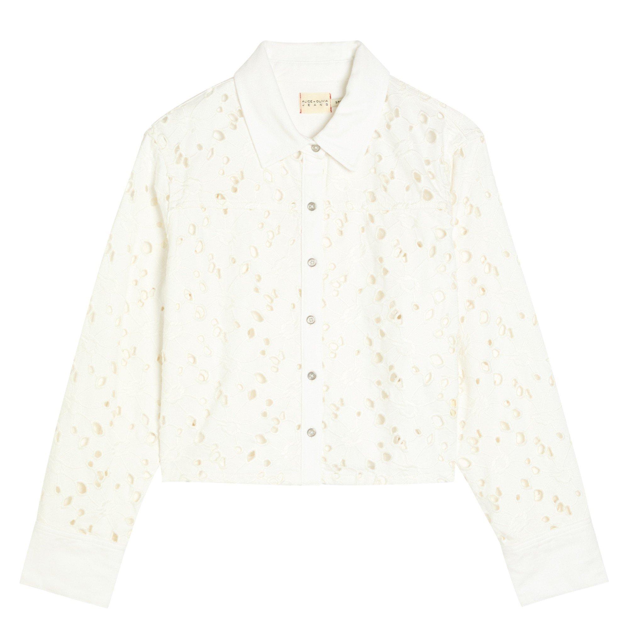 WHITE - Alice And Olivia - Women's Long-Sleeve Cropped Denim Shirt - 1