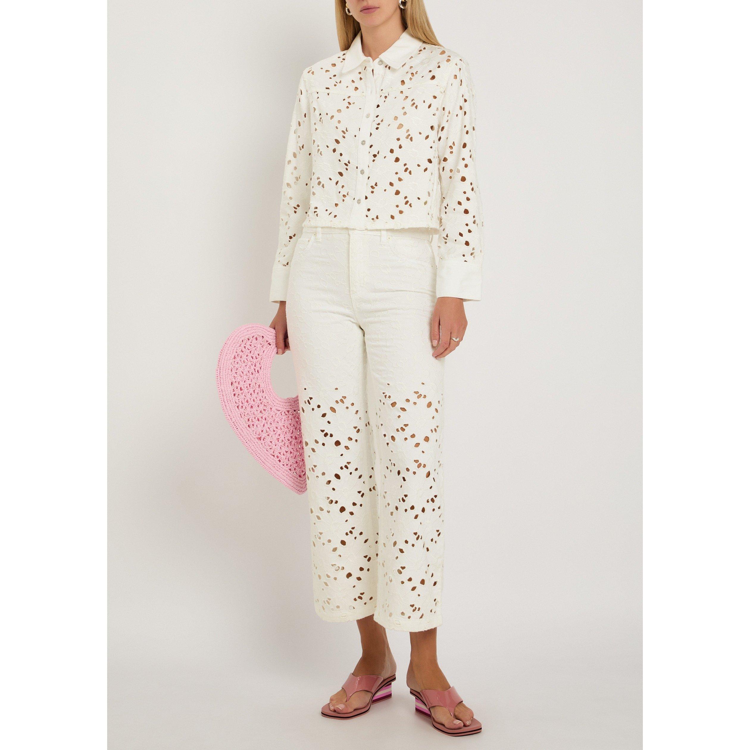 WHITE - Alice And Olivia - Women's Long-Sleeve Cropped Denim Shirt - 5