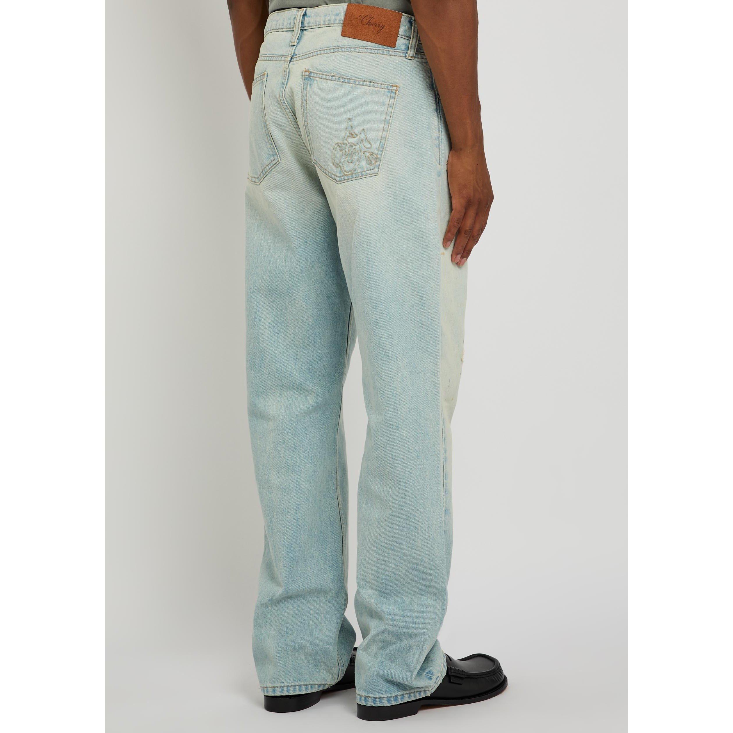 LIGHT BLUE - Cherry LA - Men's Distressed Cotton Relaxed-Fit Straight Leg Jeans - 3
