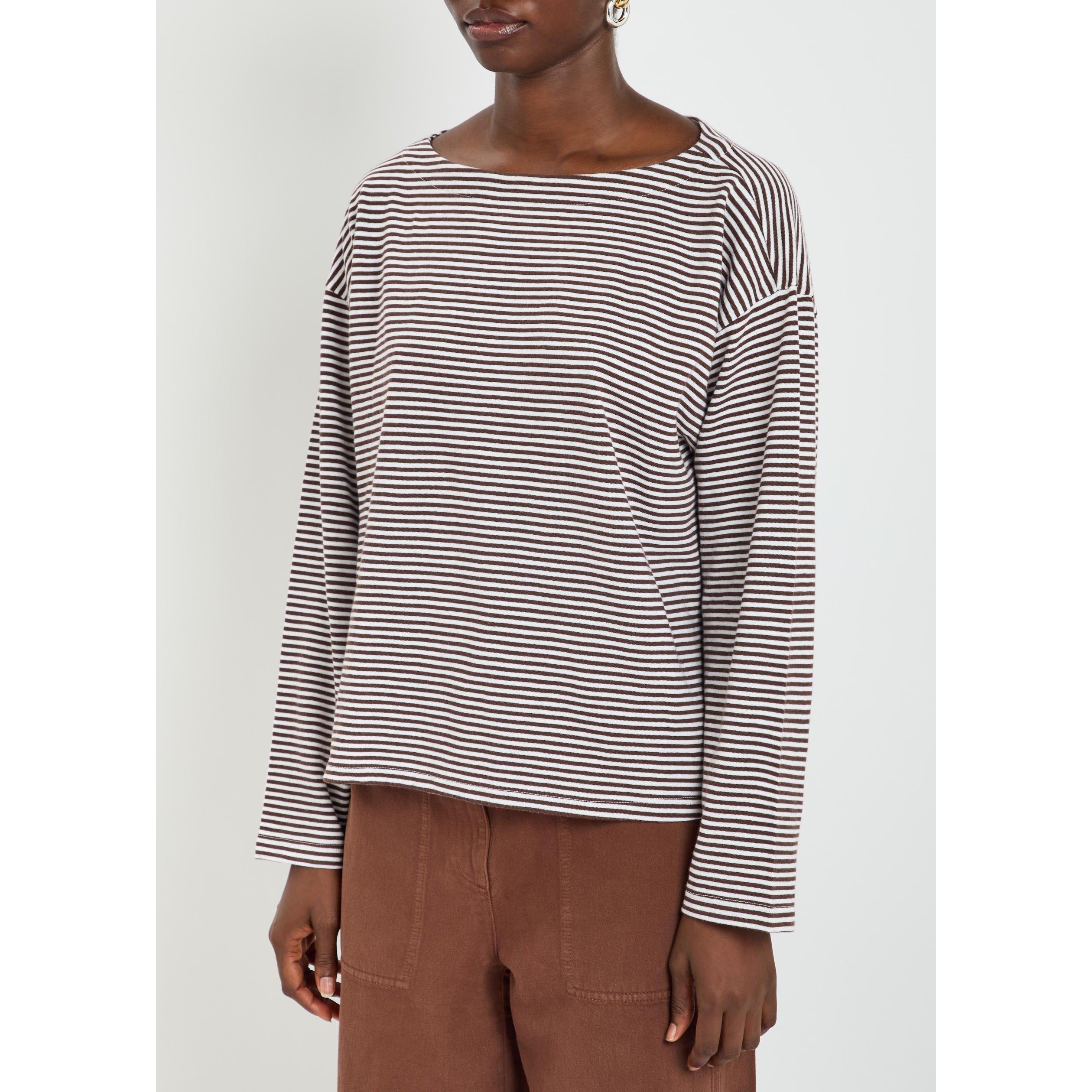 BROWN - Eileen Fisher - Women's Striped Bateau Neck Long-Sleeve Cotton Oversized-Fit T-Shirt - 2