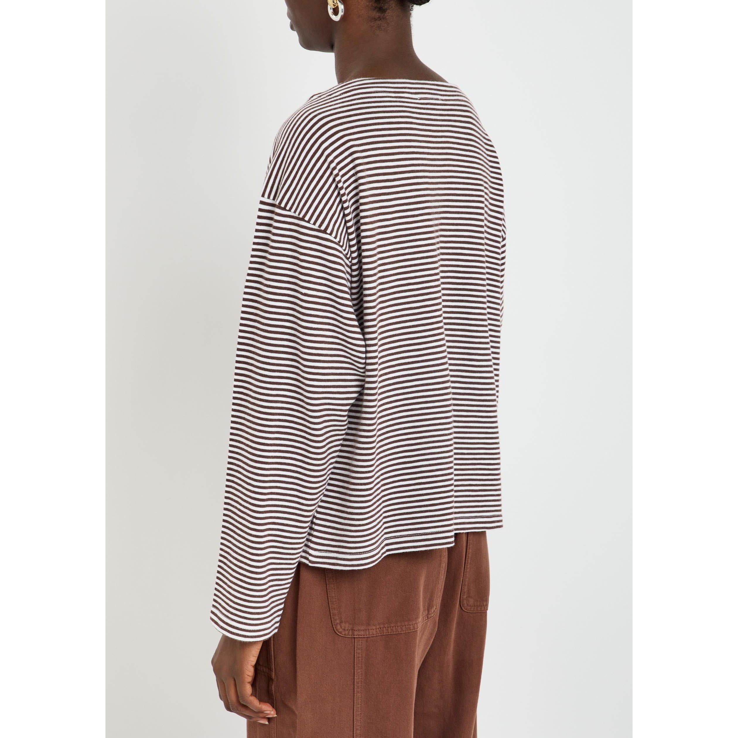 BROWN - Eileen Fisher - Women's Striped Bateau Neck Long-Sleeve Cotton Oversized-Fit T-Shirt - 3