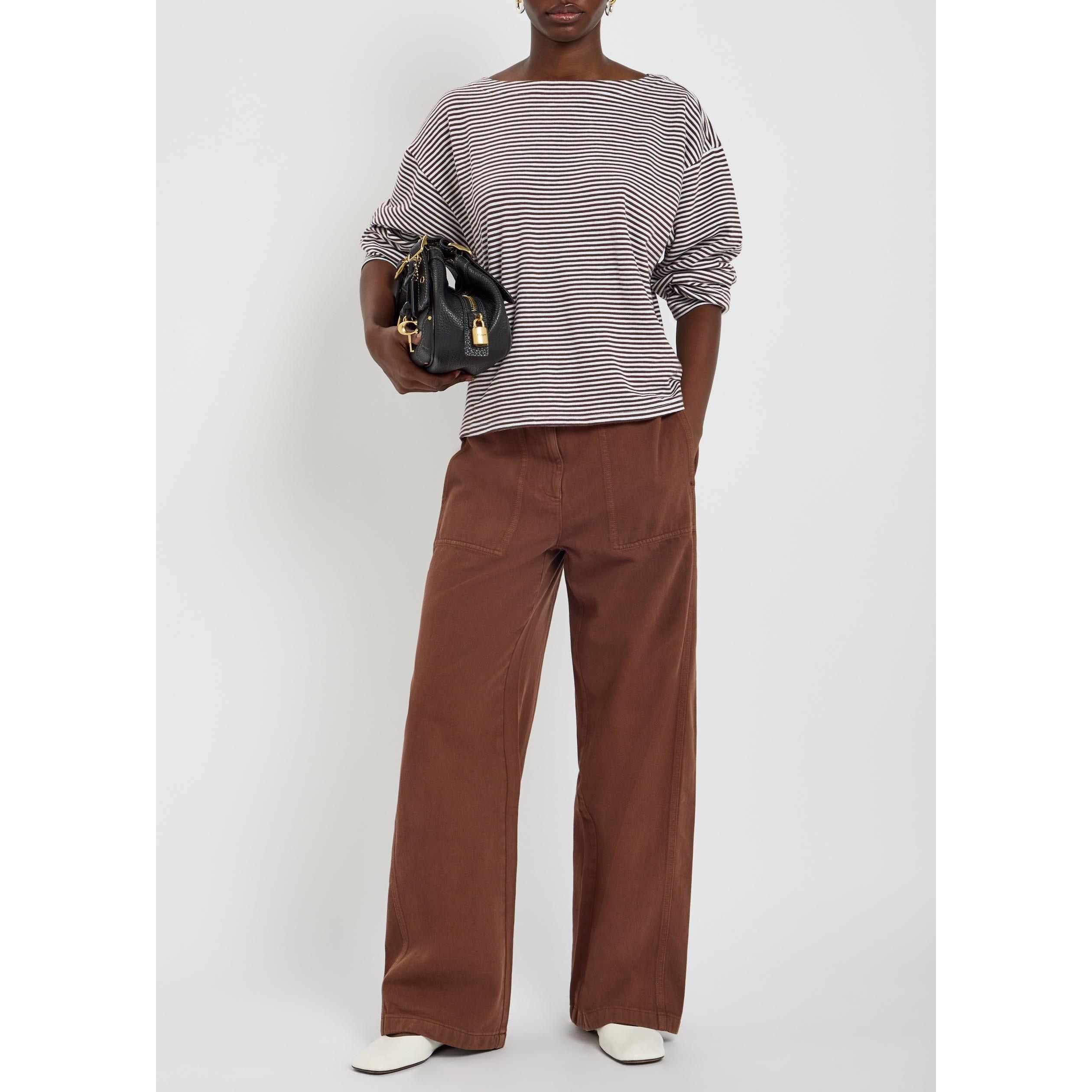 BROWN - Eileen Fisher - Women's Striped Bateau Neck Long-Sleeve Cotton Oversized-Fit T-Shirt - 5