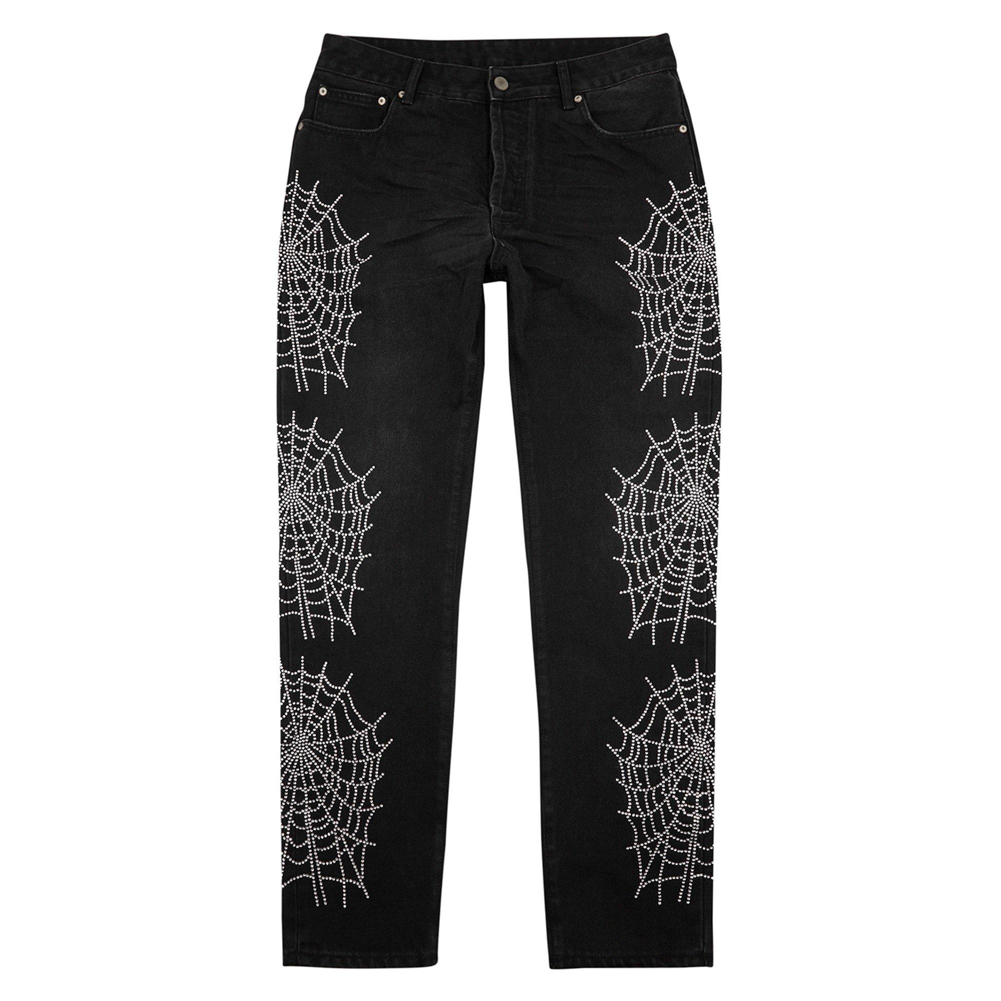 BLACK AND SILVE - Palm Angels - Men's Spider Rhinestones Distressed Cotton Slim-Fit Jeans - 1