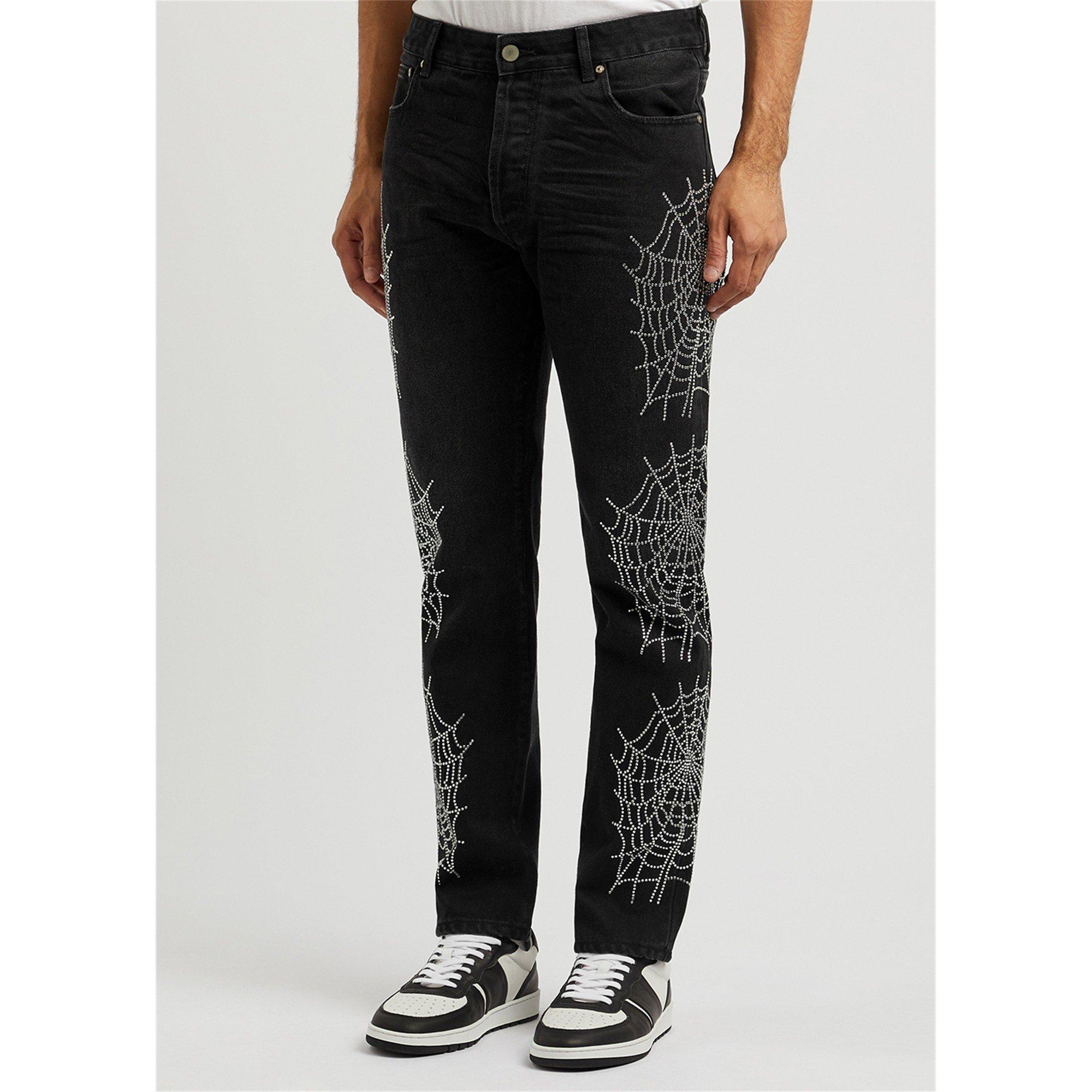 BLACK AND SILVE - Palm Angels - Men's Spider Rhinestones Distressed Cotton Slim-Fit Jeans - 2