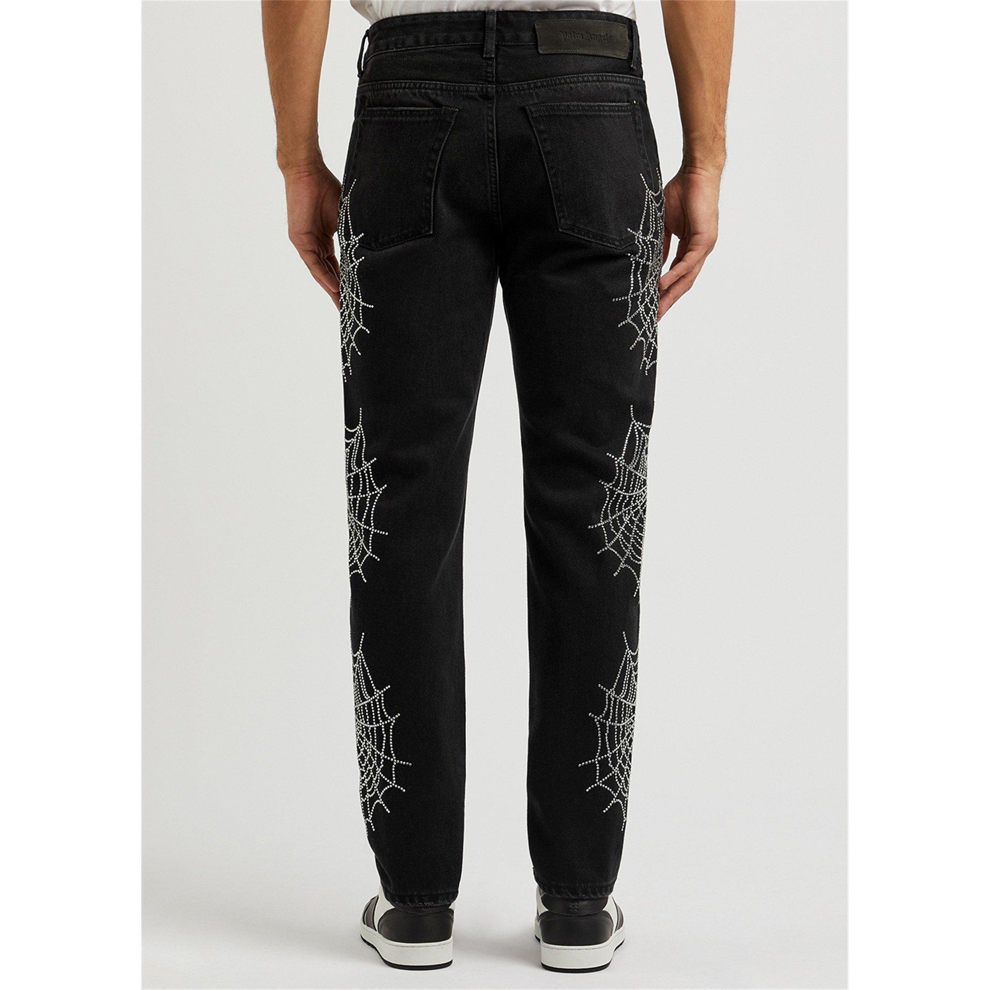 BLACK AND SILVE - Palm Angels - Men's Spider Rhinestones Distressed Cotton Slim-Fit Jeans - 3