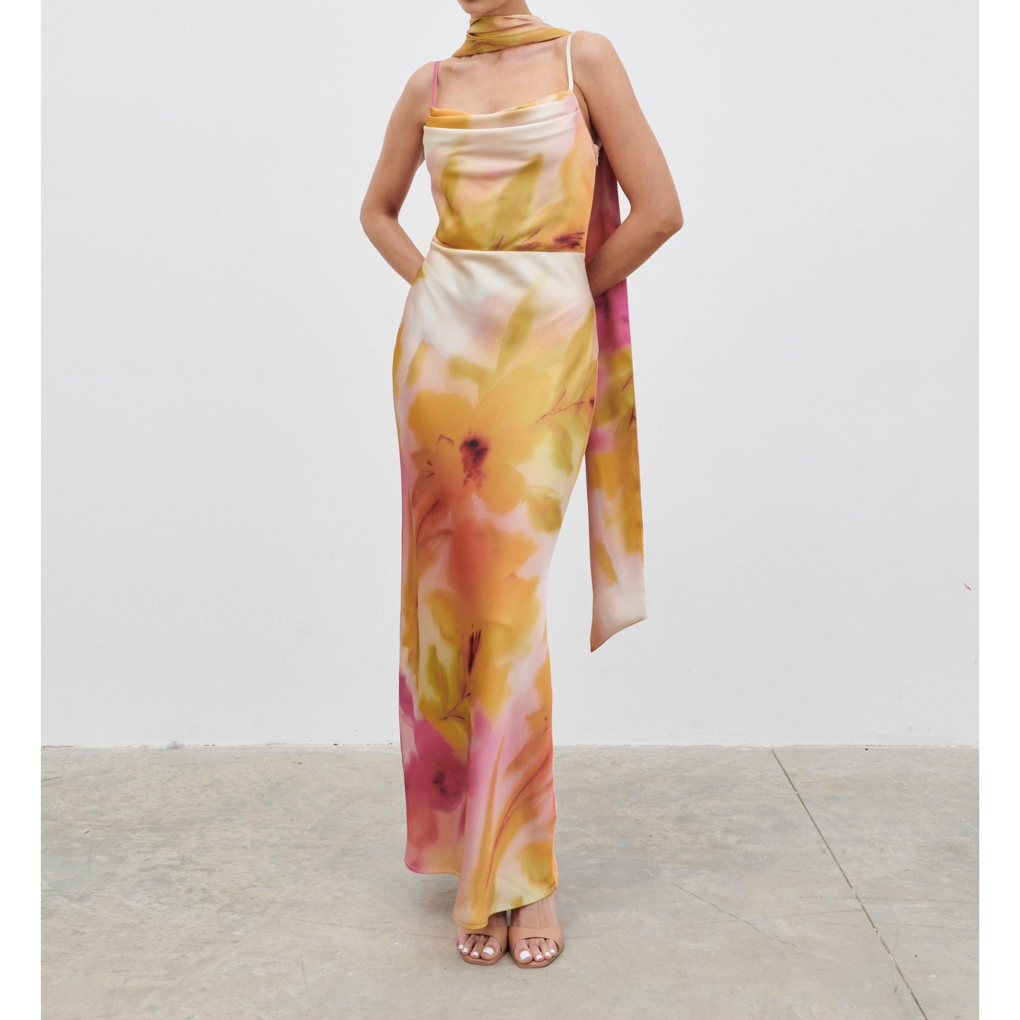 Pretty Lavish Womens Keisha Scarf Maxi Dress - Pink/Yellow - Size 14 (L)