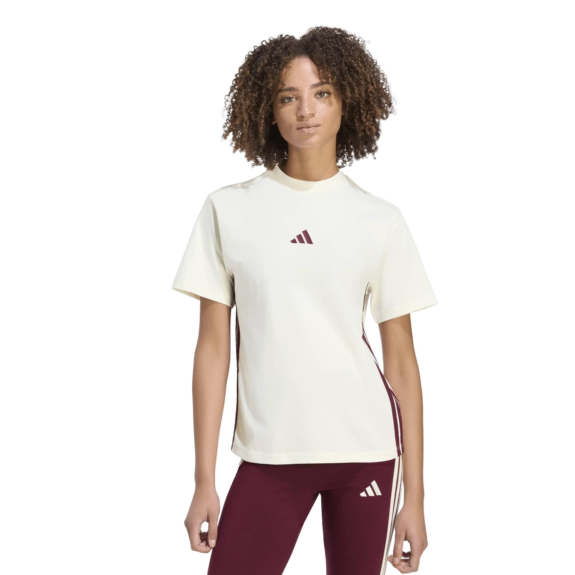 Ivory/Maroon - adidas - Essential 3 Stripe T-Shirt Womens - 2