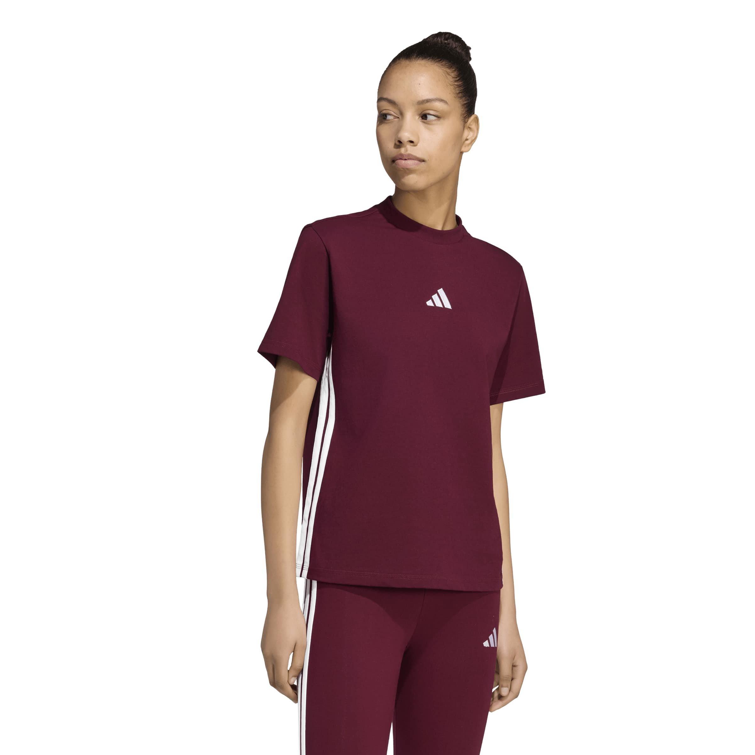 Maroon/White - adidas - Essential 3 Stripe T-Shirt Womens - 2