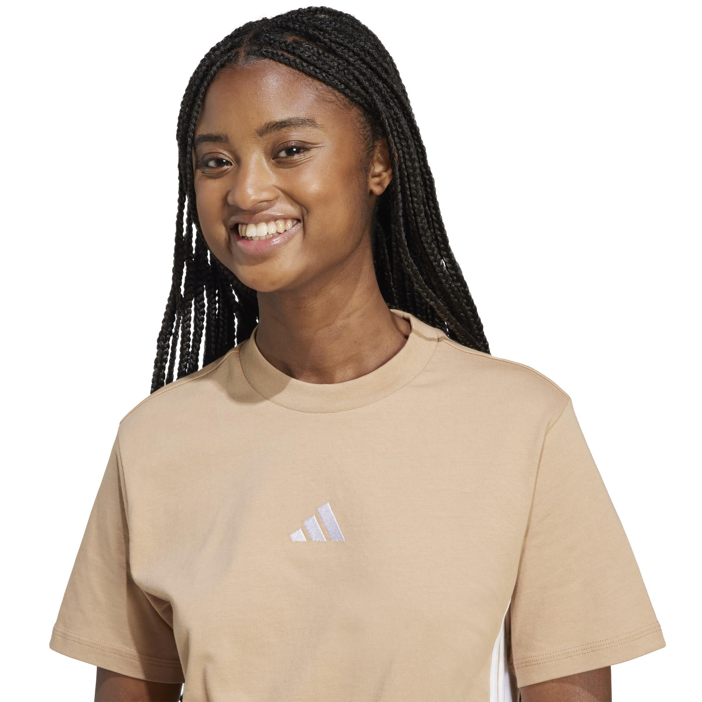 Sandstone/White - adidas - Essential 3 Stripe T-Shirt Womens - 4