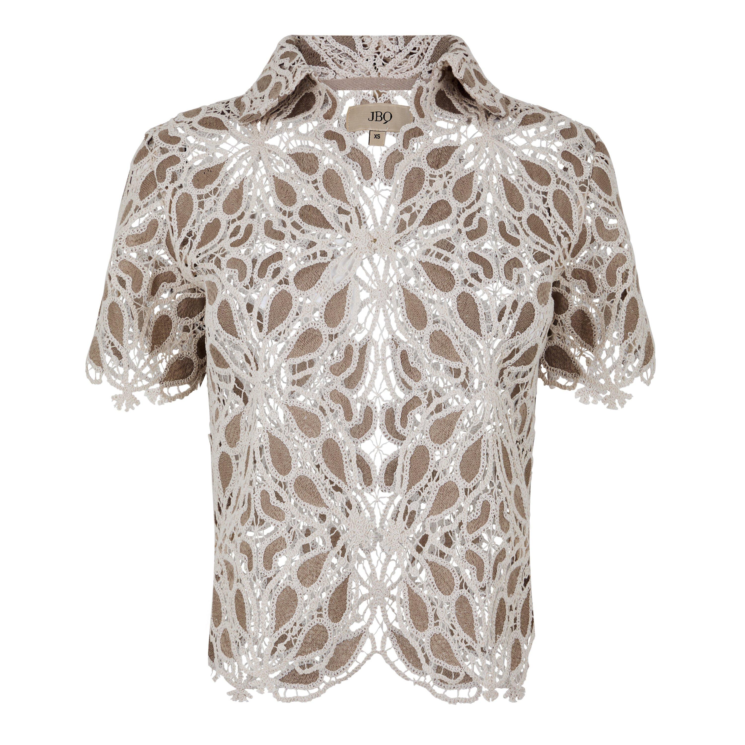 Taupe - JBQ - Women's Arielle Crochet Short-Sleeve Patterned Shirt - 1