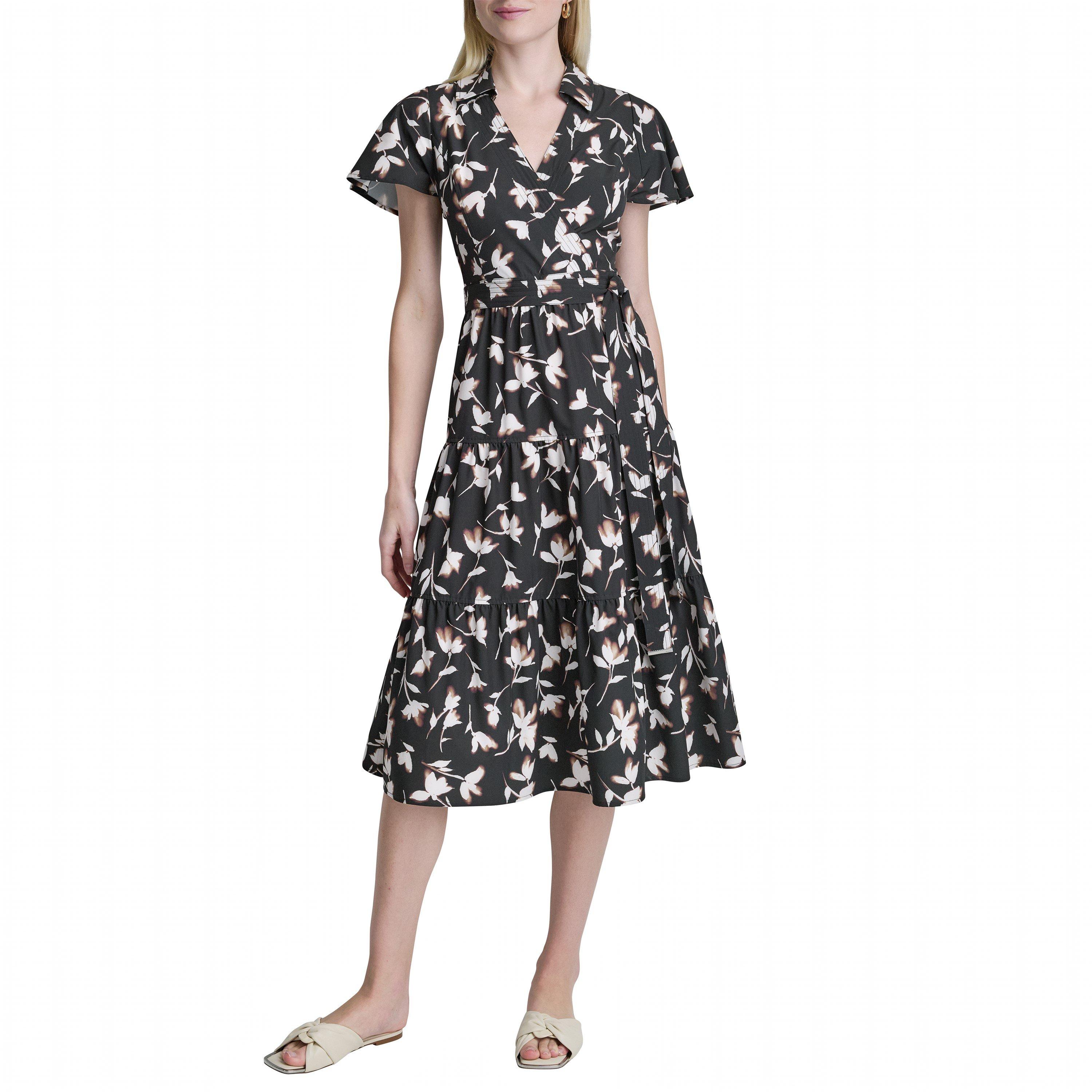 Black Floral - DKNY - Women's Commute Midi Shirt Dress - 1