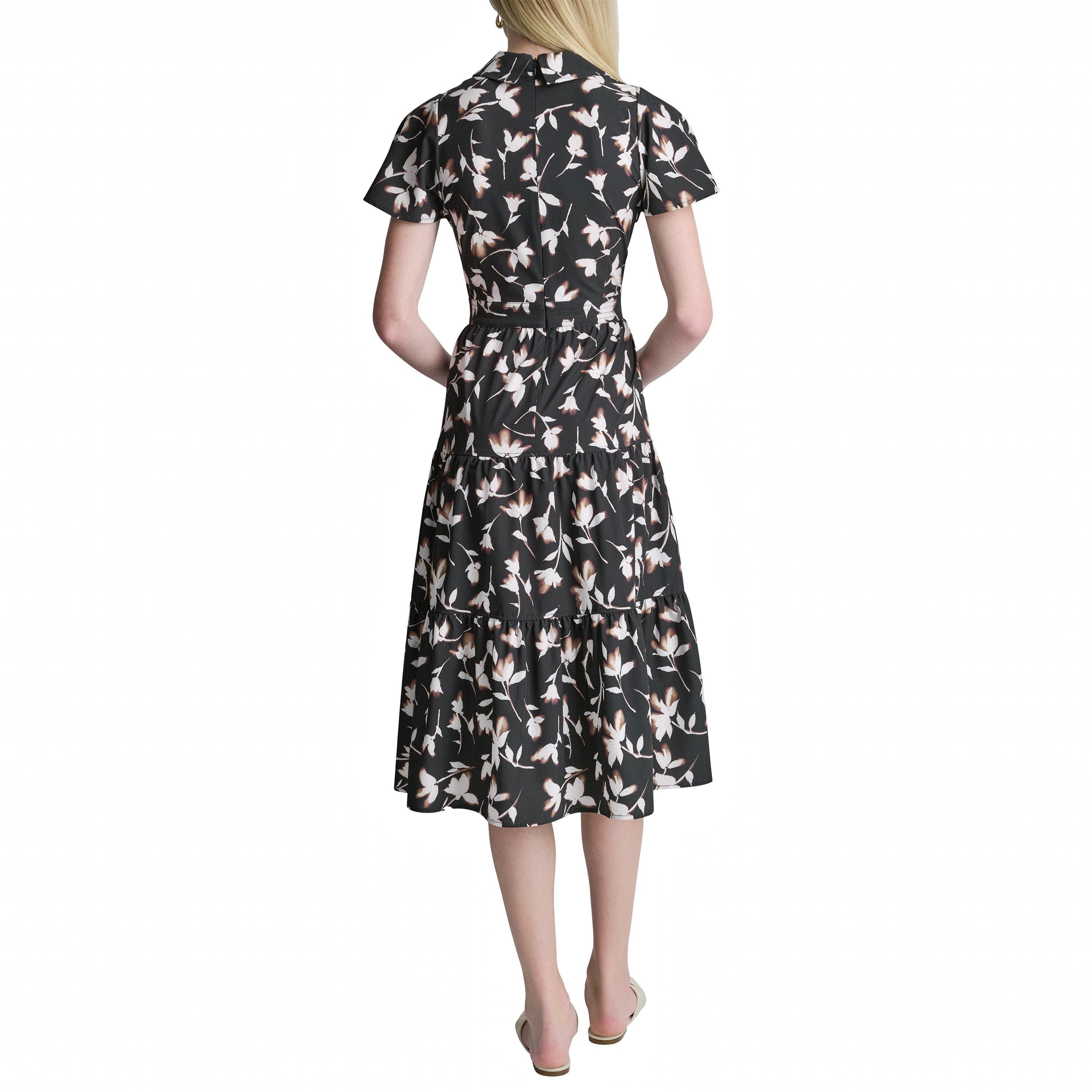 Black Floral - DKNY - Women's Commute Midi Shirt Dress - 2