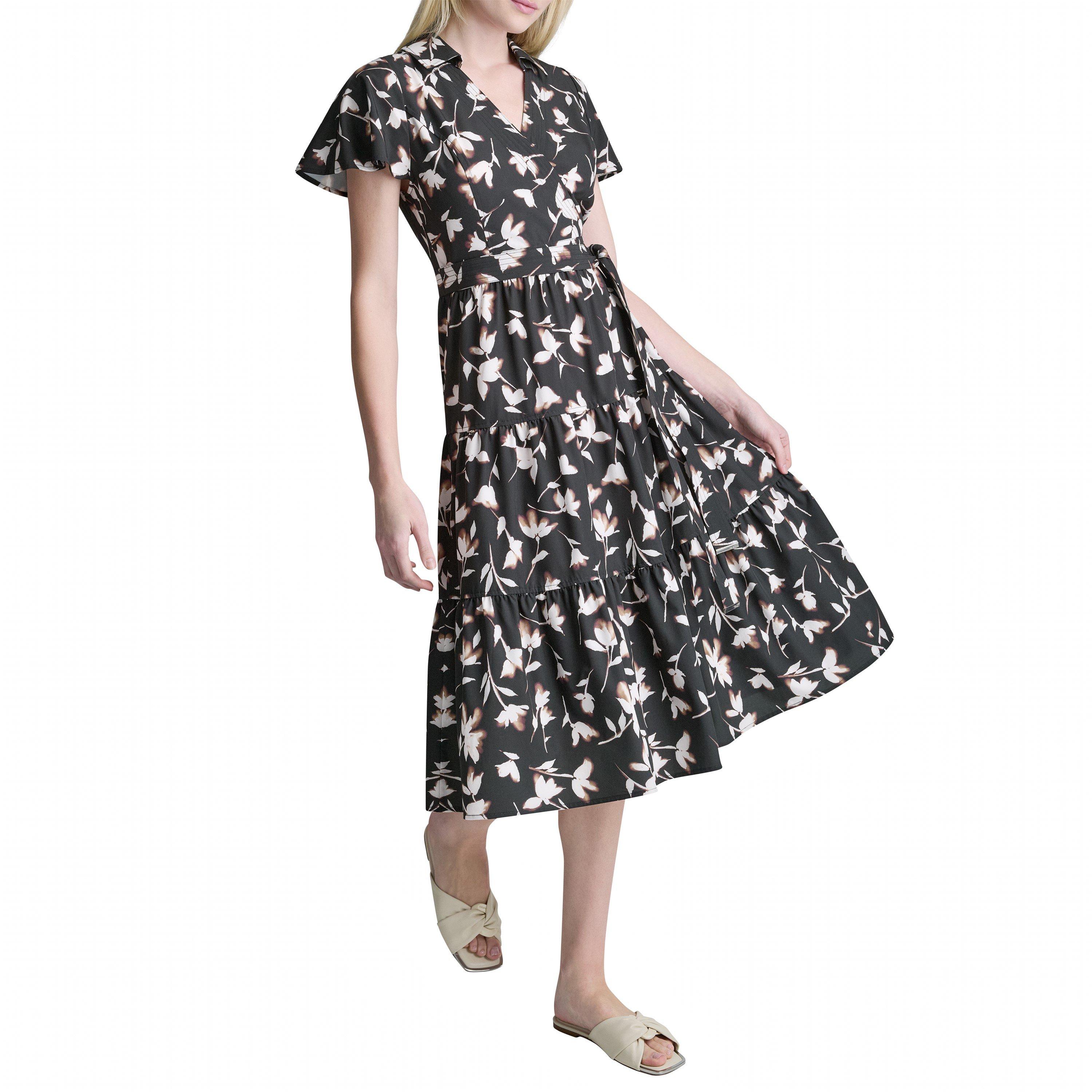 Black Floral - DKNY - Women's Commute Midi Shirt Dress - 3