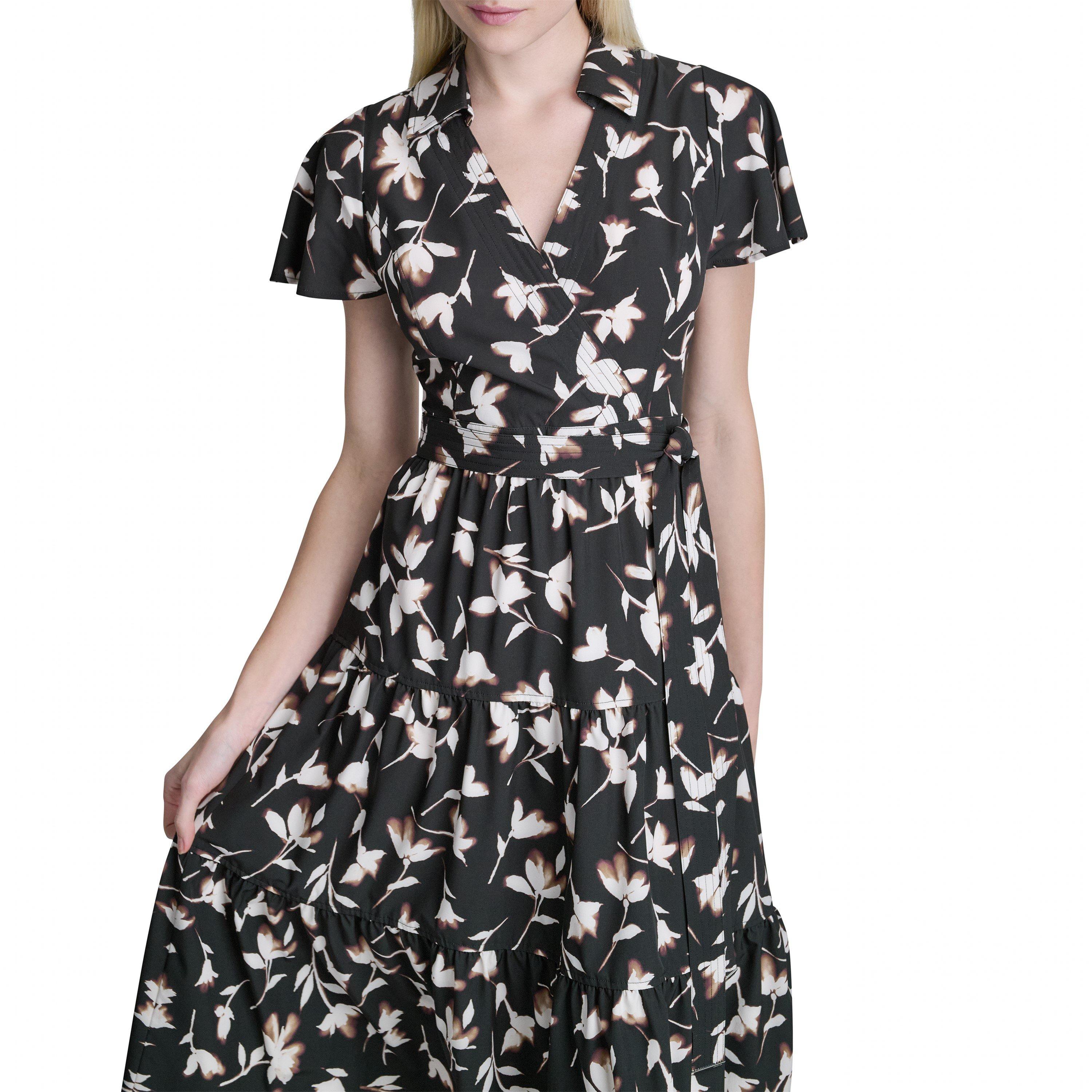 Black Floral - DKNY - Women's Commute Midi Shirt Dress - 4