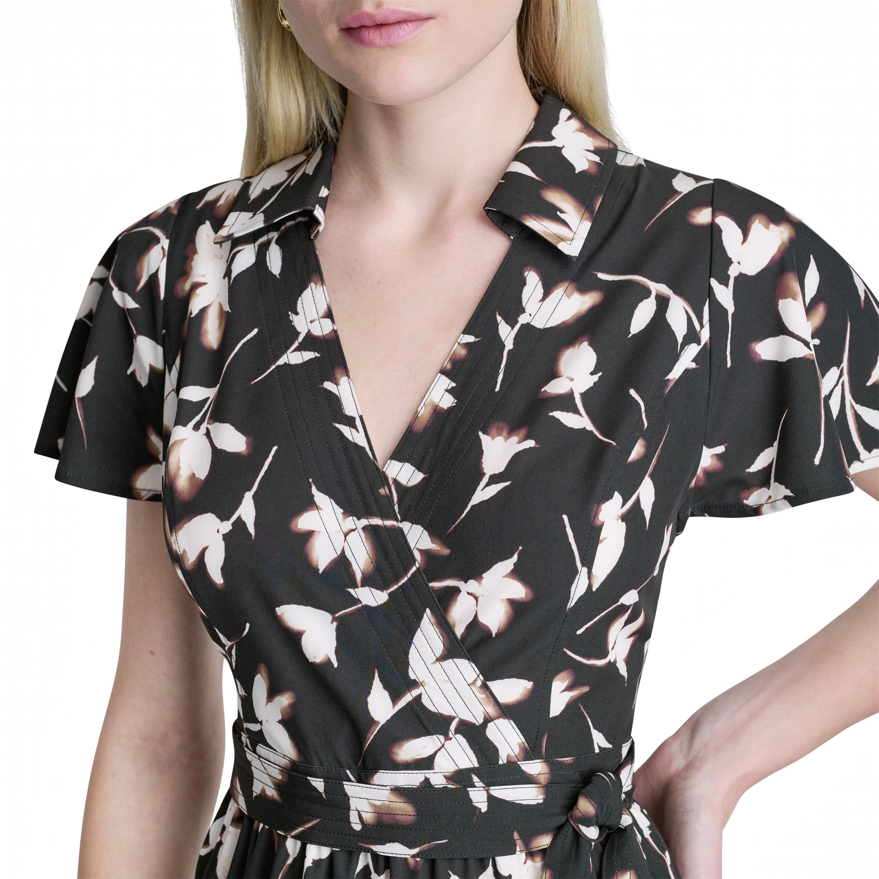 Black Floral - DKNY - Women's Commute Midi Shirt Dress - 5