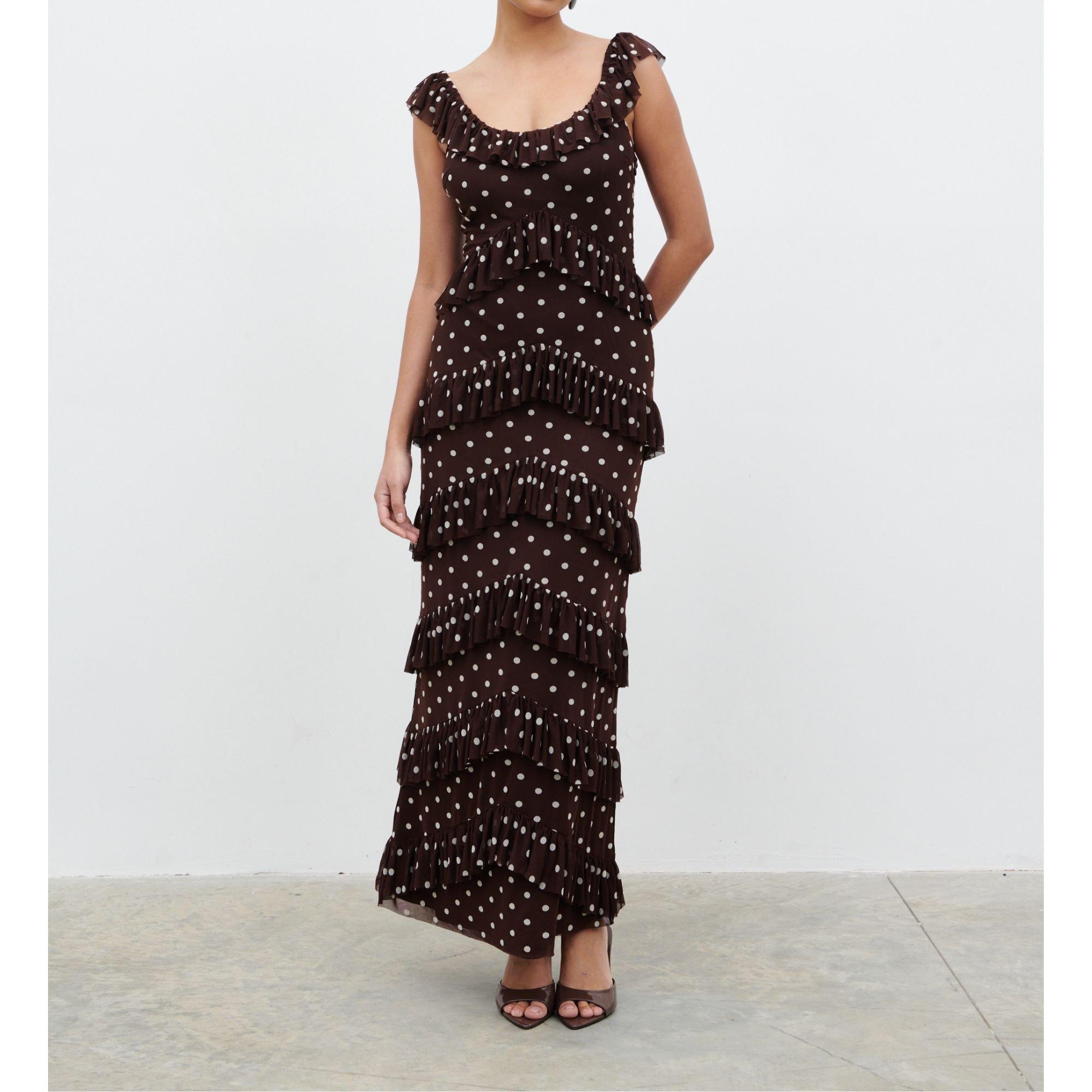Pretty Lavish Women's Cecile Ruffle Mesh Maxi Dress - Brown/Cream - 16 (XL)