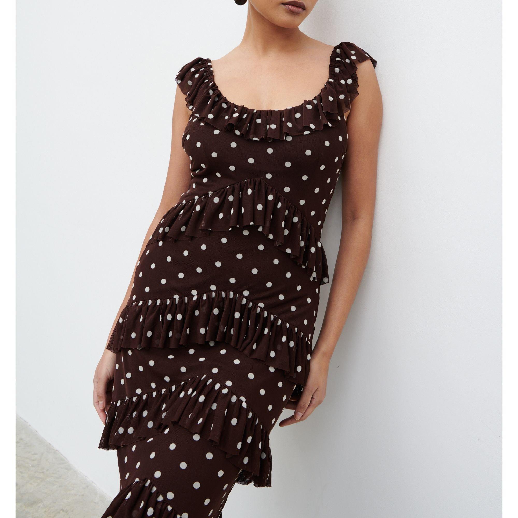 Brown/Cream - Pretty Lavish - Women's Cecile Ruffle Mesh Maxi Dress - 5