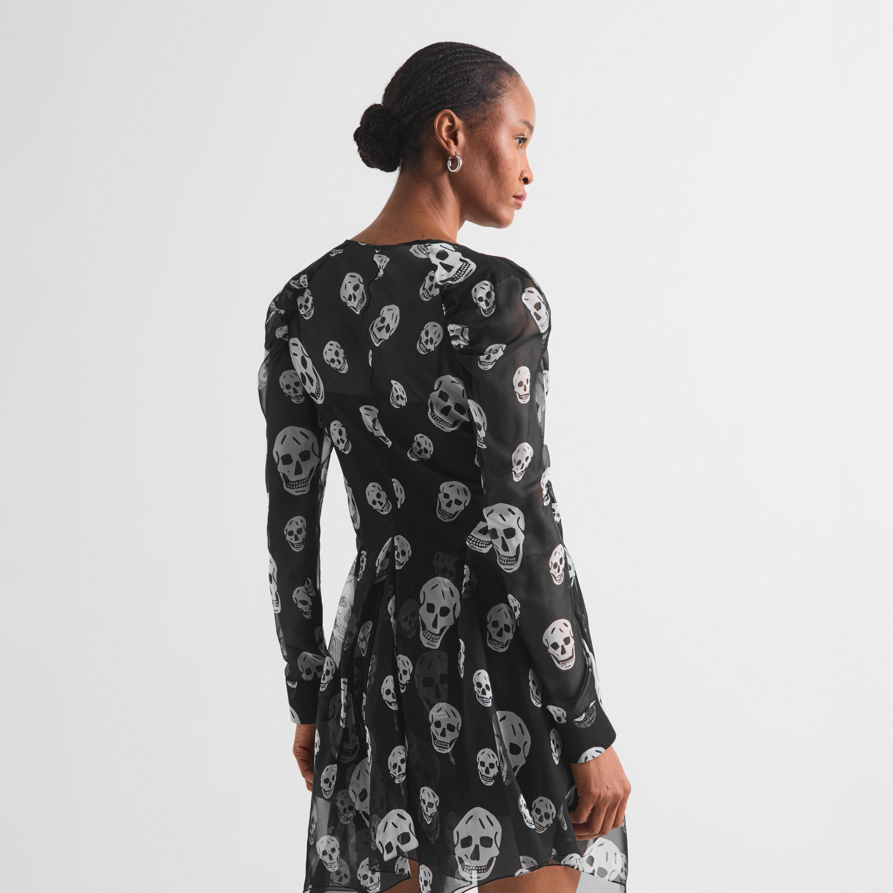 Black White - Alexander McQueen - Women's Skull Print Silk V-Neck Long-Sleeve Wrap Dress - 4