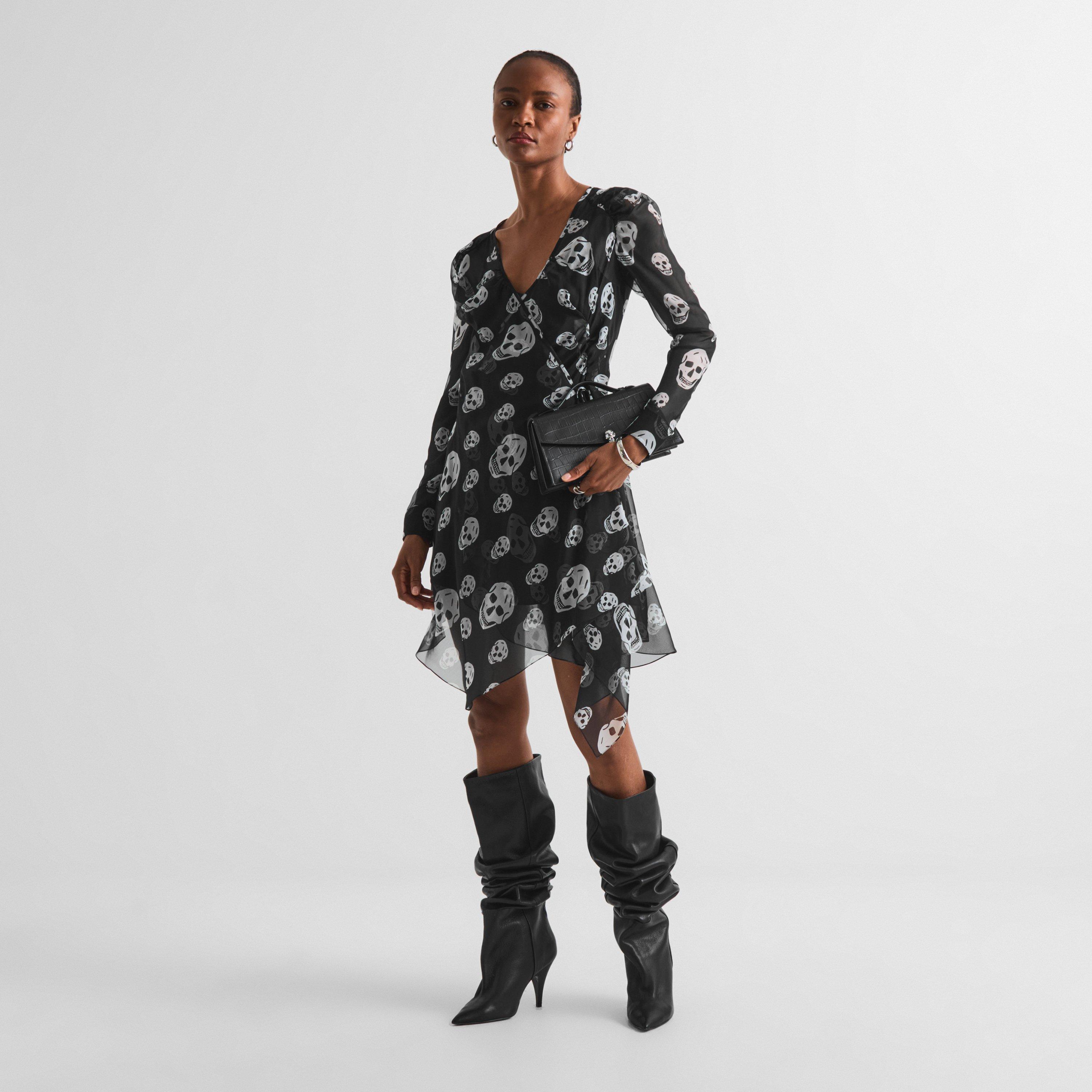 Black White - Alexander McQueen - Women's Skull Print Silk V-Neck Long-Sleeve Wrap Dress - 6