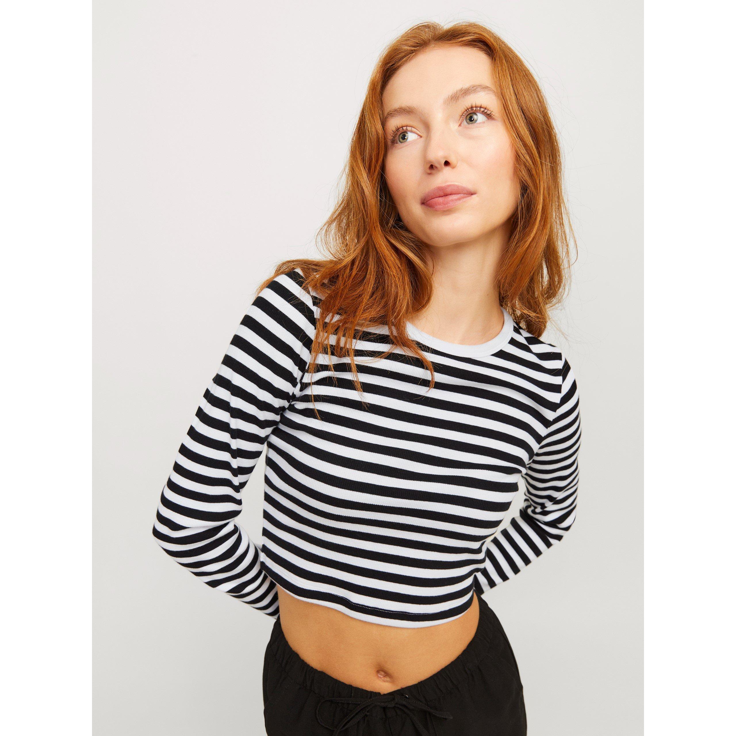 Jjxx Women's Feline Long-Sleeve Striped Crop Top - Bright White - 14 (L)