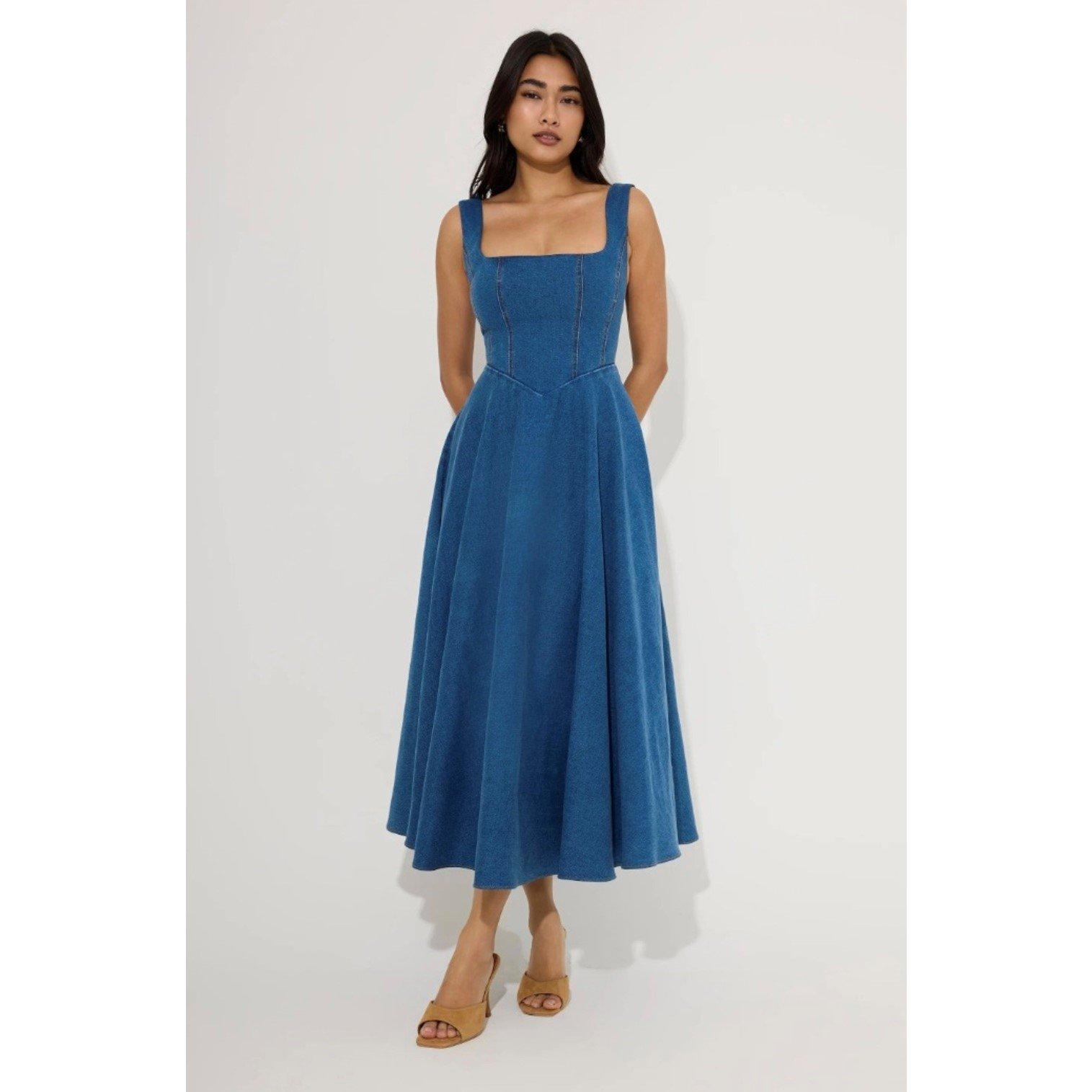 Denim - Odd Muse - Womens Sq Neck Midi Long Maxi Dress - 1