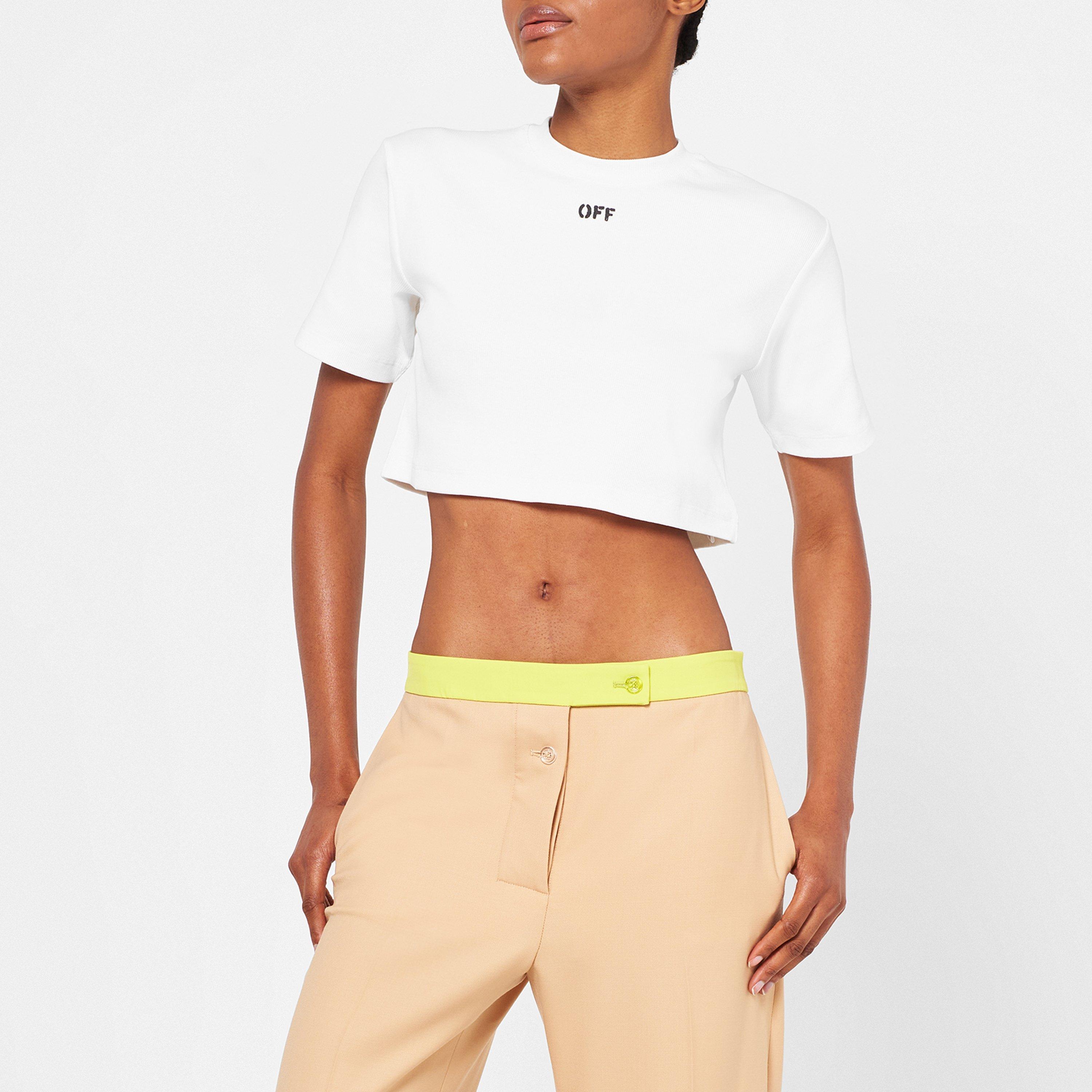 White 0110 - Off White - Women's - Stamp Rib Cotton Short Sleeve Slim Fit Cropped Crop Top - 3