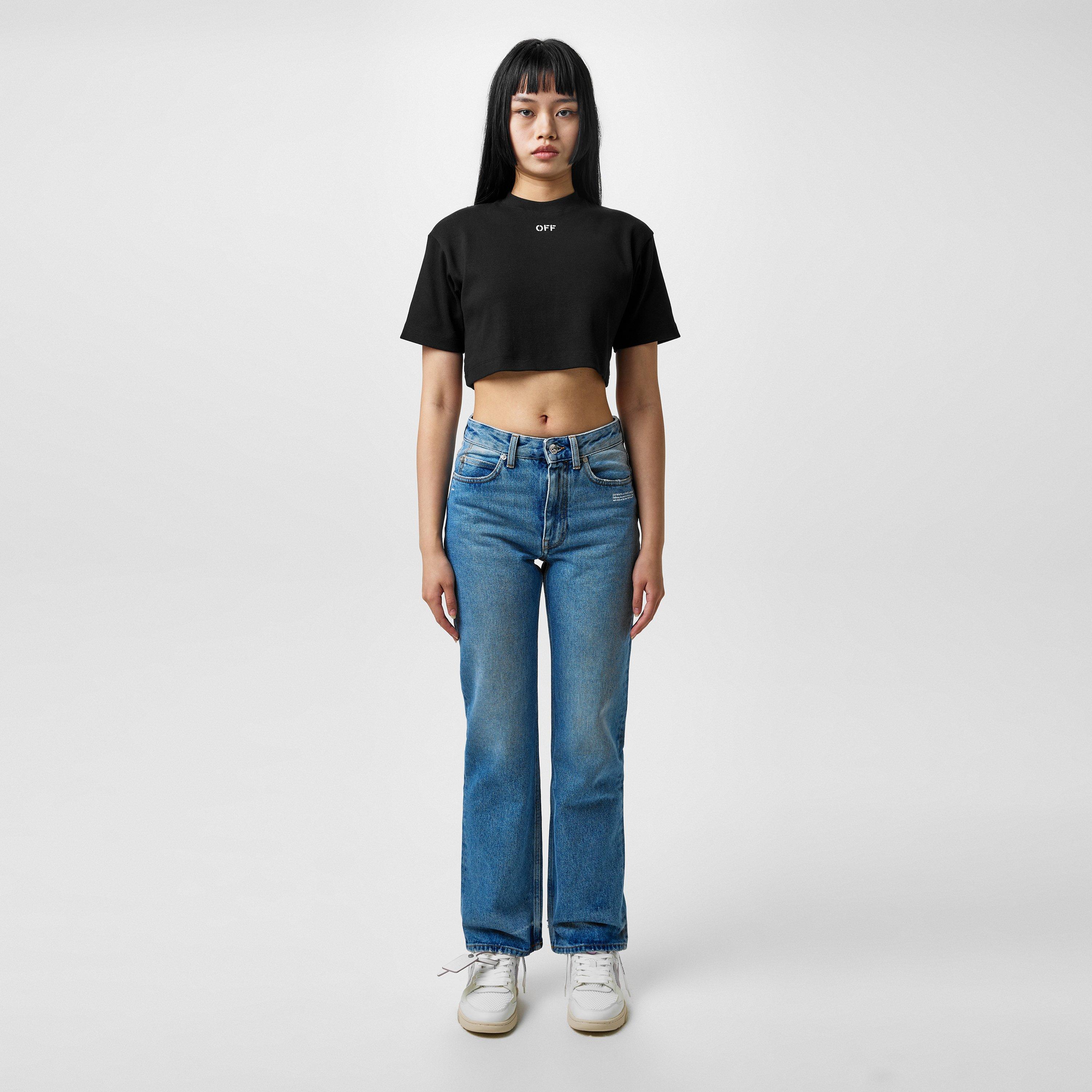 Black 1001 - Off White - Women's Stamp Rib Cropped Tee, Contrasting Logo T-Shirt - 4