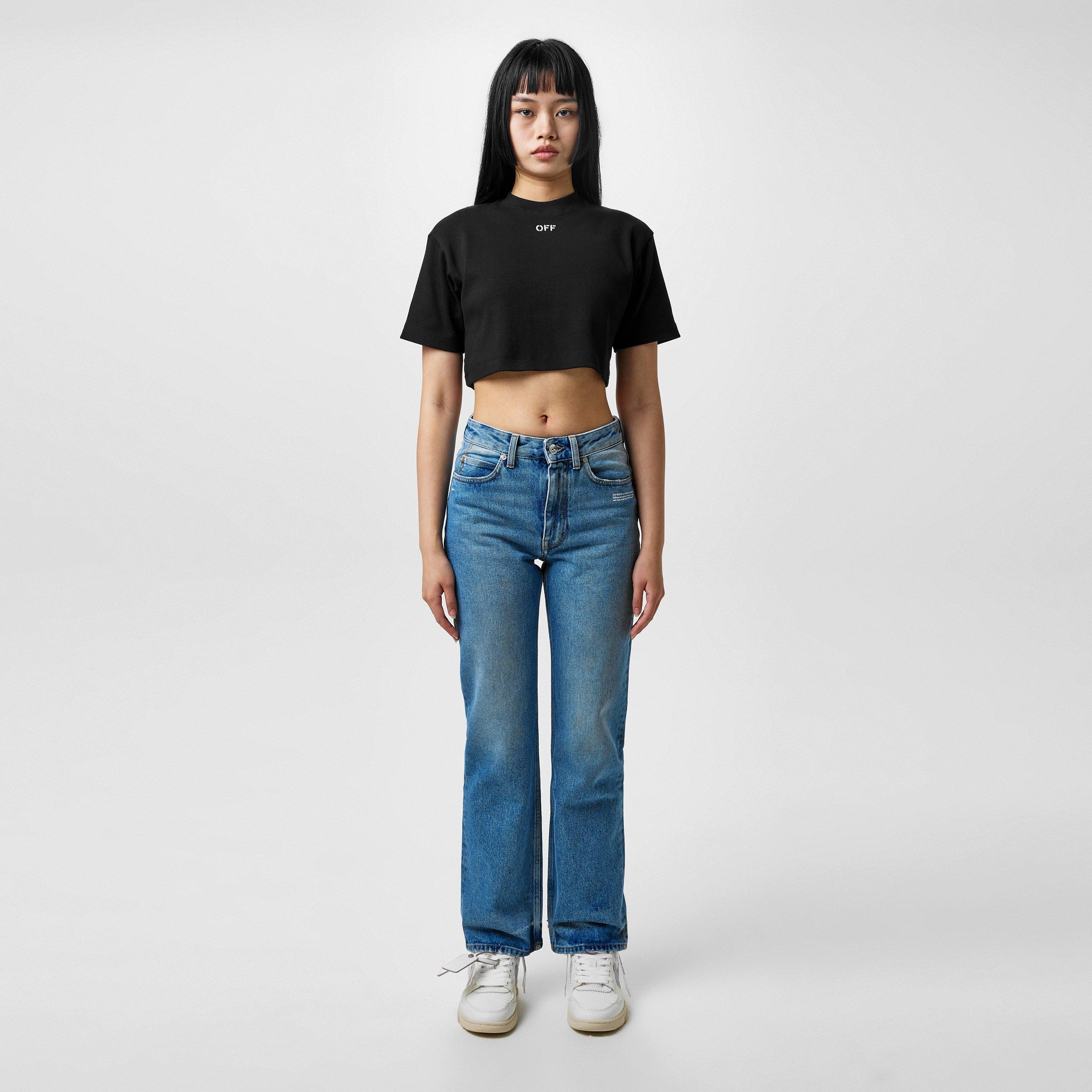 Black 1001 - Off White - Women's Stamp Rib Cropped Tee, Contrasting Logo T-Shirt - 6