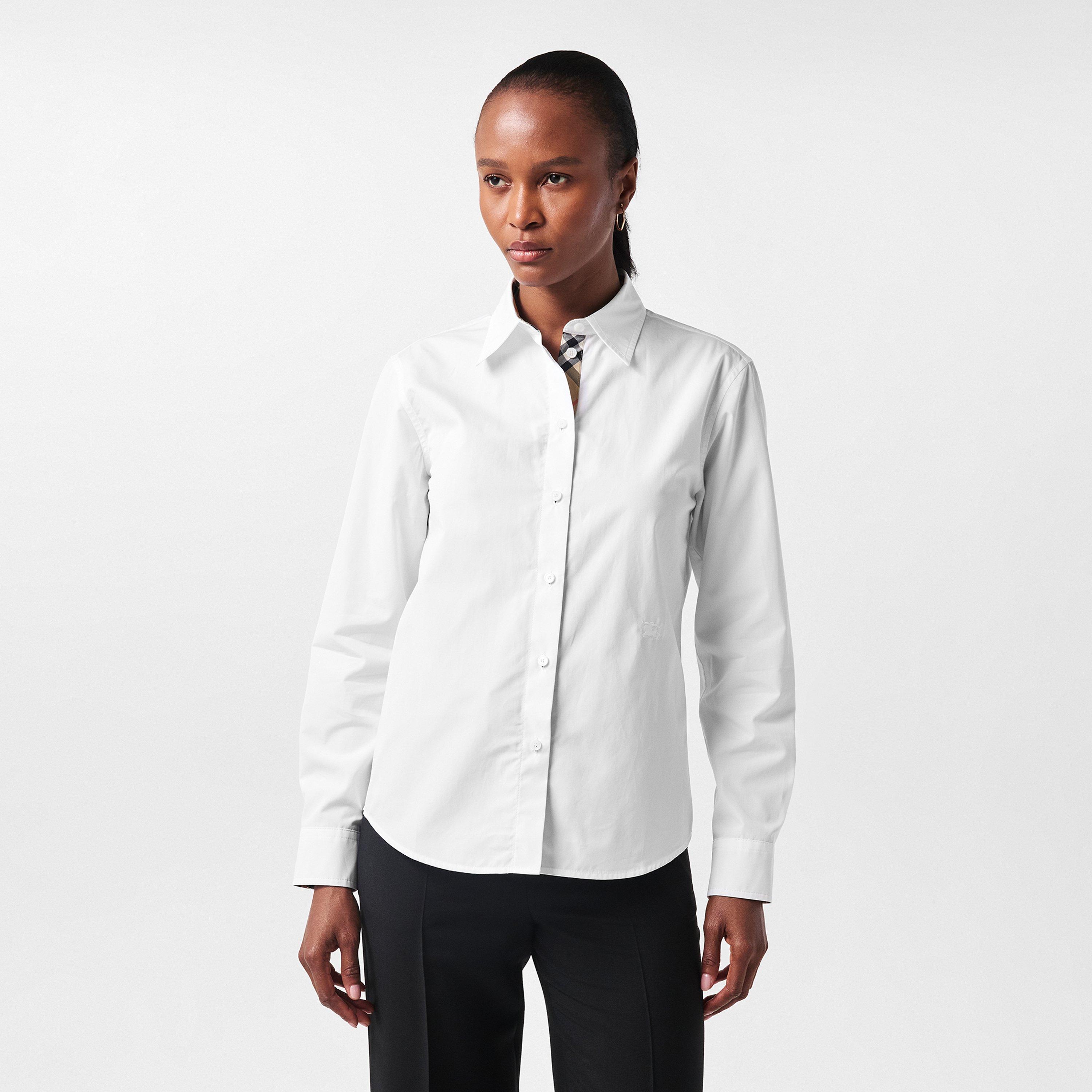 White - Burberry - Women's Burberry Check Trim Long-Sleeve Oxford Shirt - 3