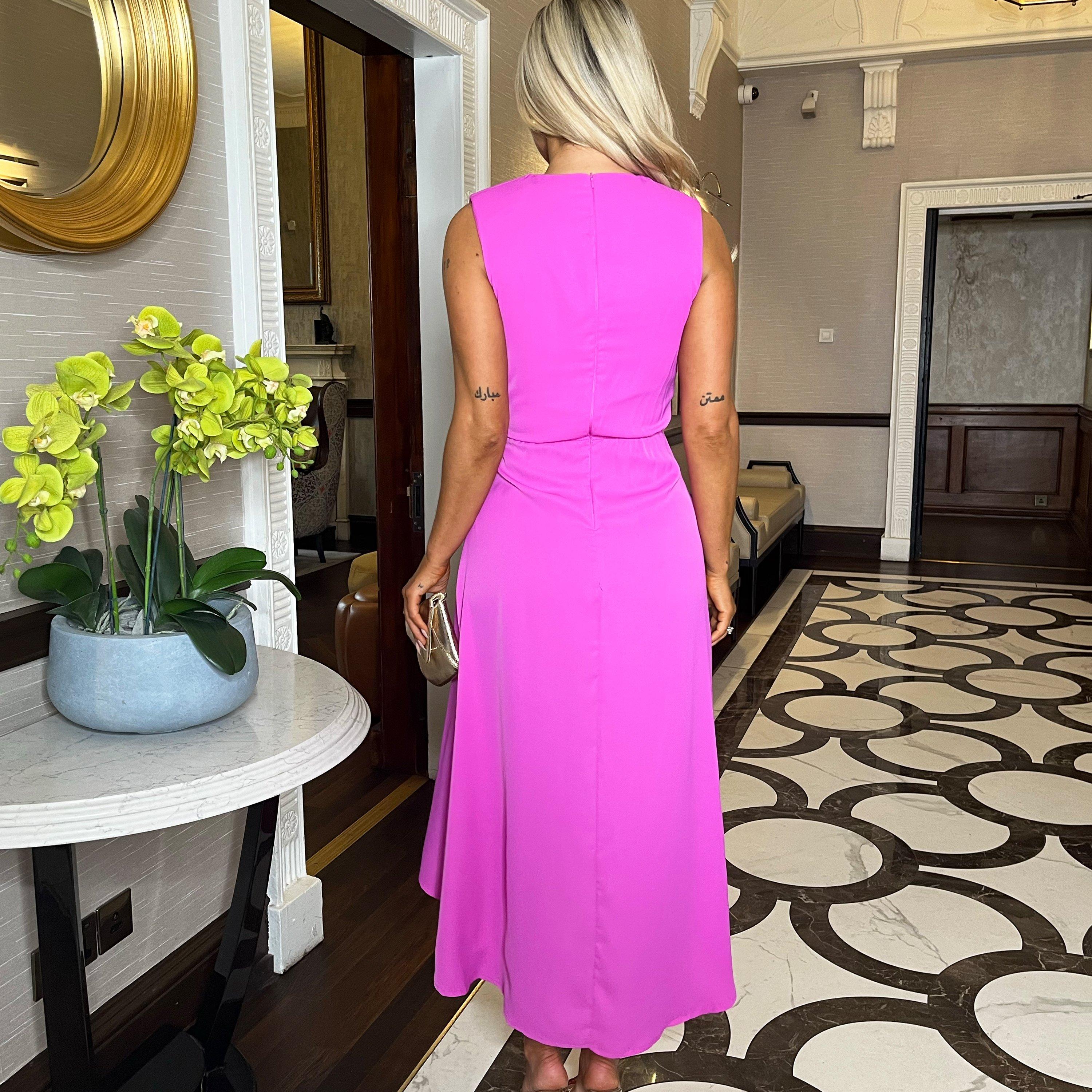 Hot Pink - AX Paris - Gathered Midi Dress With Shoulder Pads - 2