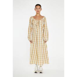 Glamorous Beige-Cream Check Gathered Tie-Neck Midi-Dress