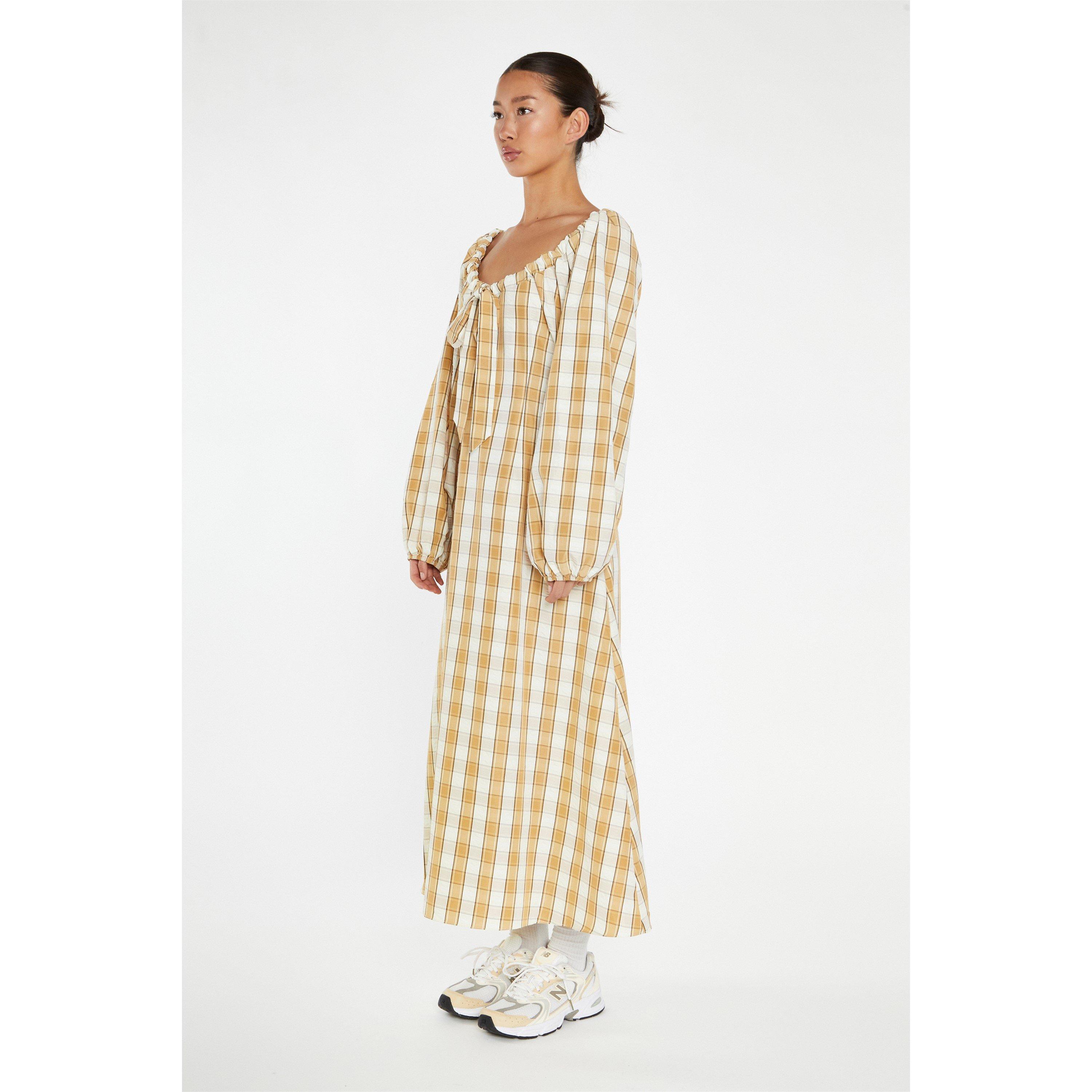 Bež - Glamorous - Beige-Cream Check Gathered Tie-Neck Midi-Dress - 2