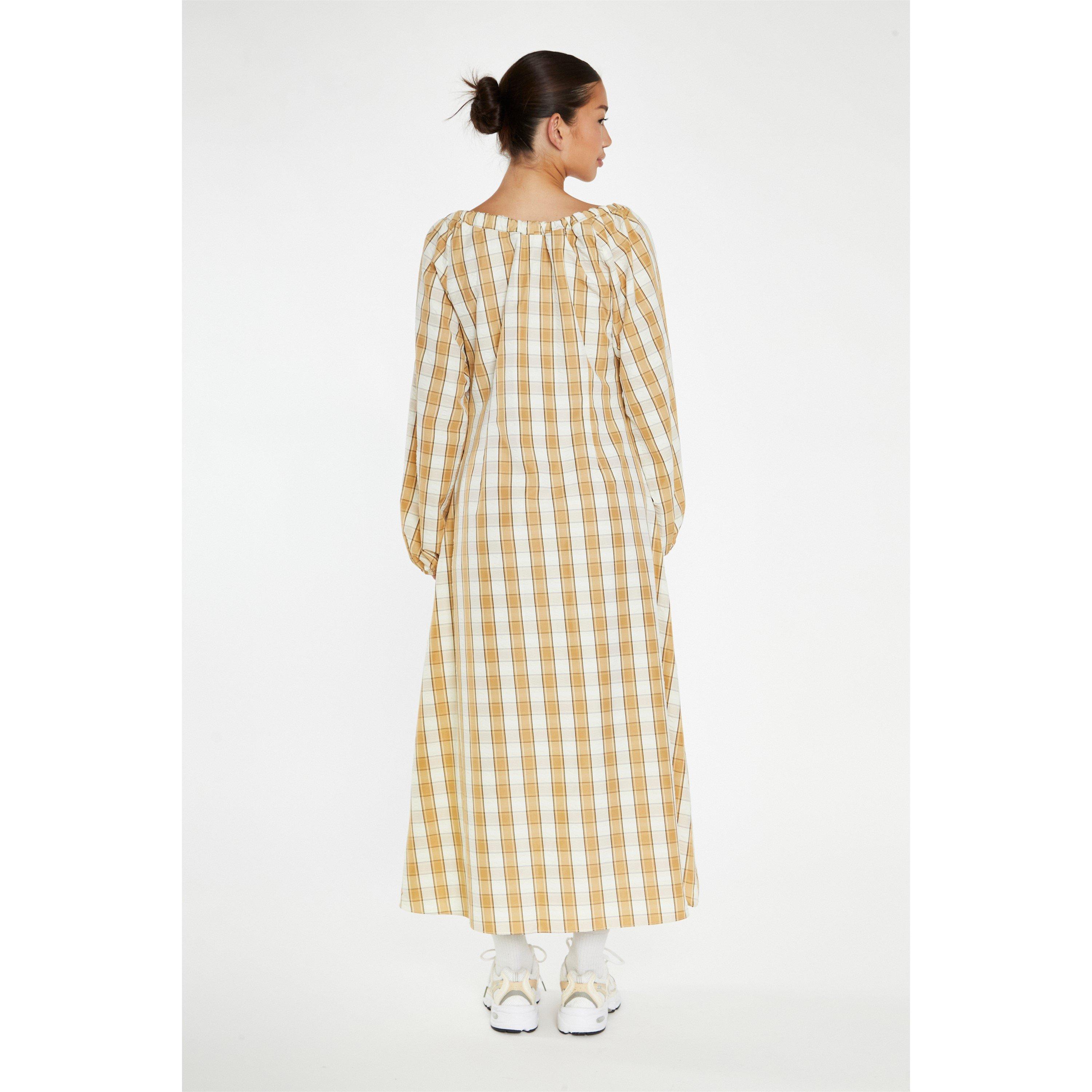 Bež - Glamorous - Beige-Cream Check Gathered Tie-Neck Midi-Dress - 3
