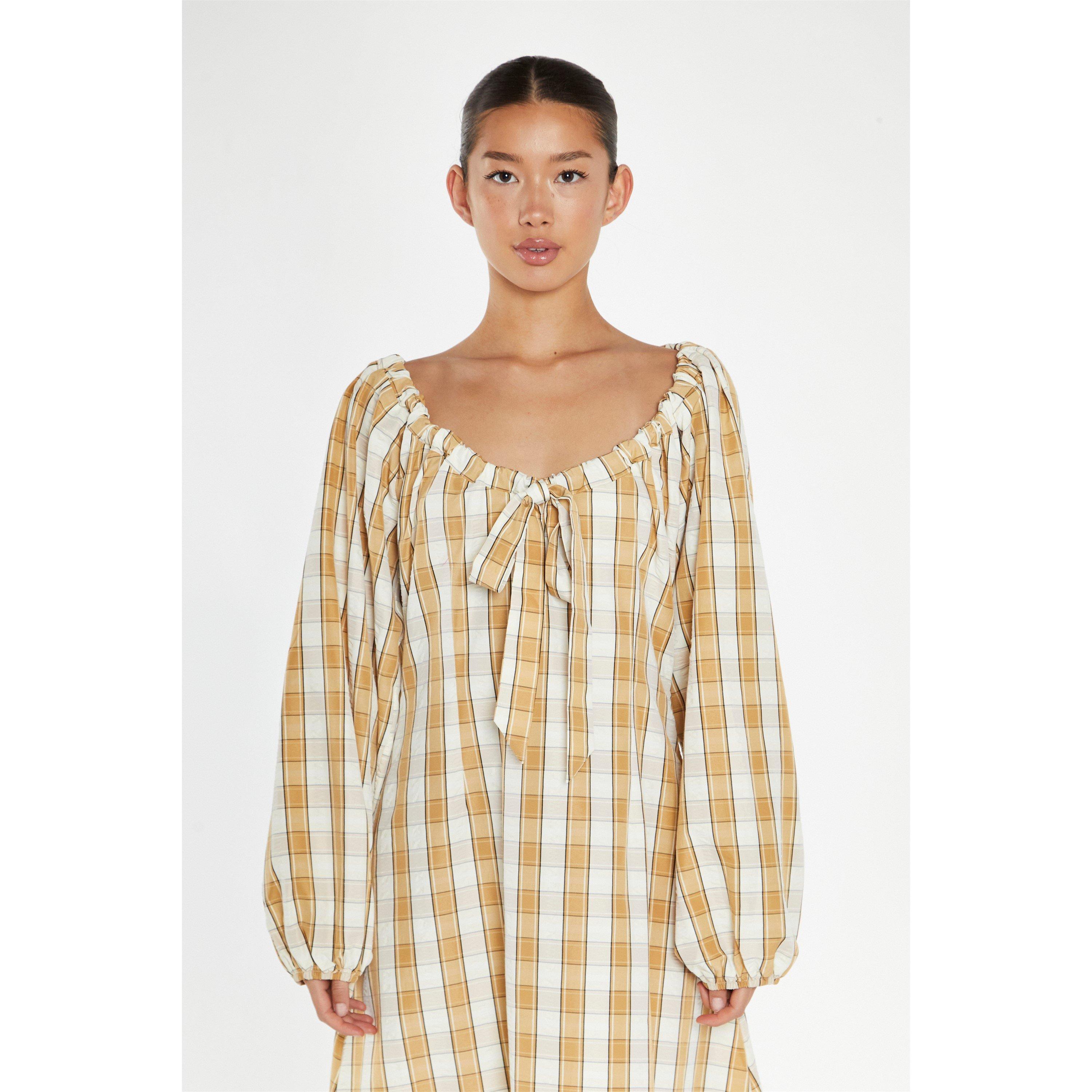 Bež - Glamorous - Beige-Cream Check Gathered Tie-Neck Midi-Dress - 4