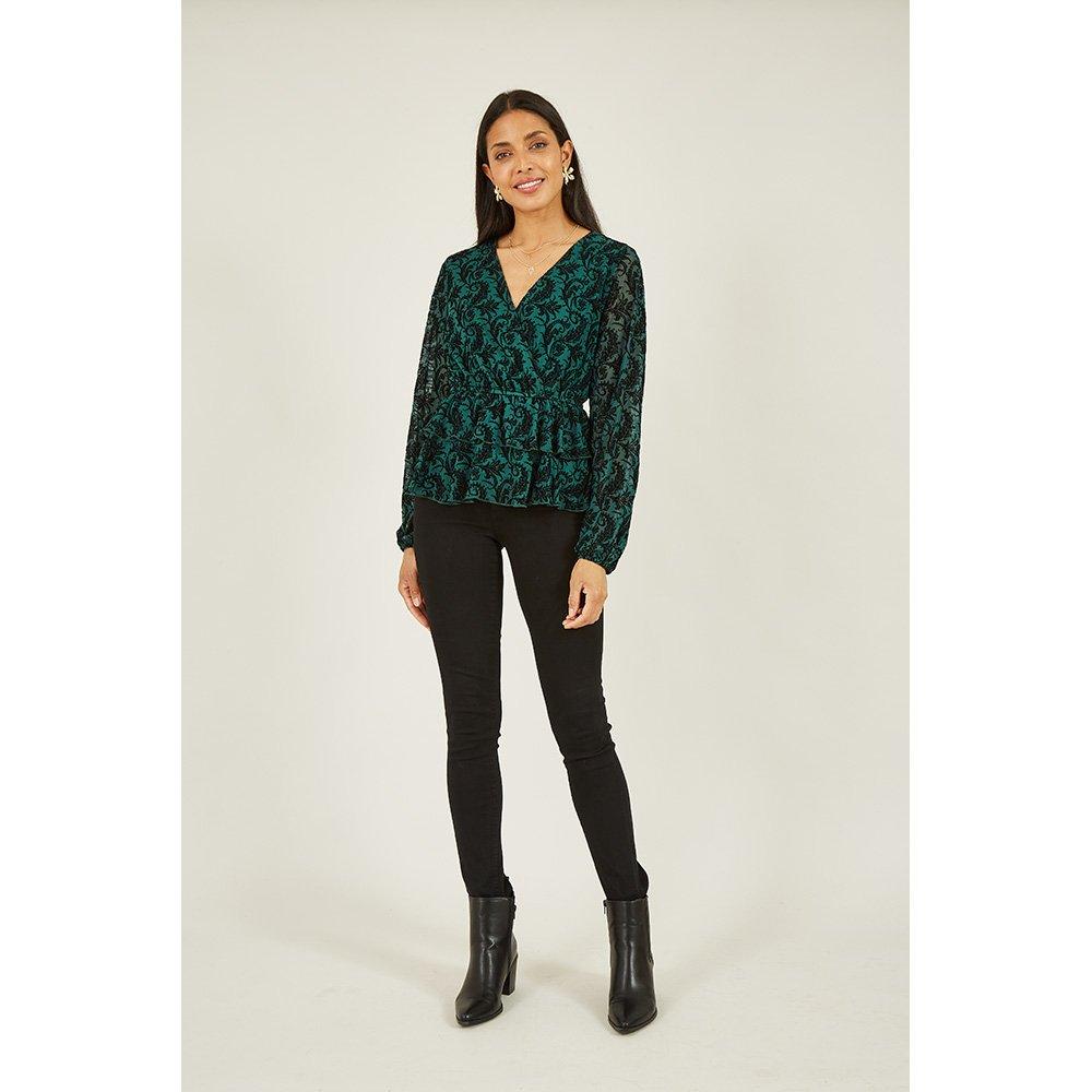 Green - Mela London - Women's Green Velour Printed Wrap Top - 2