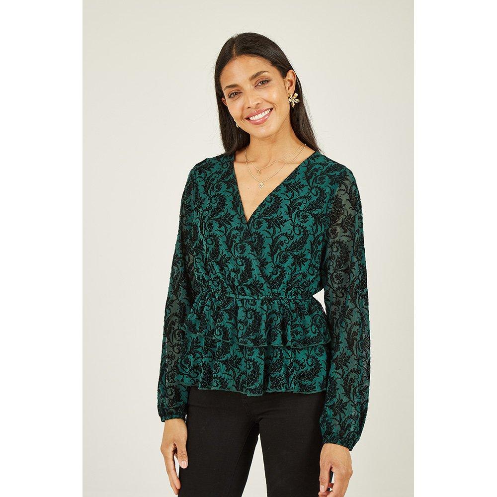 Green - Mela London - Women's Green Velour Printed Wrap Top - 3