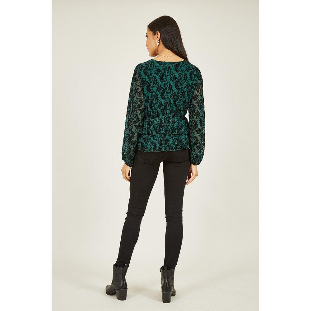 Green - Mela London - Women's Green Velour Printed Wrap Top - 4