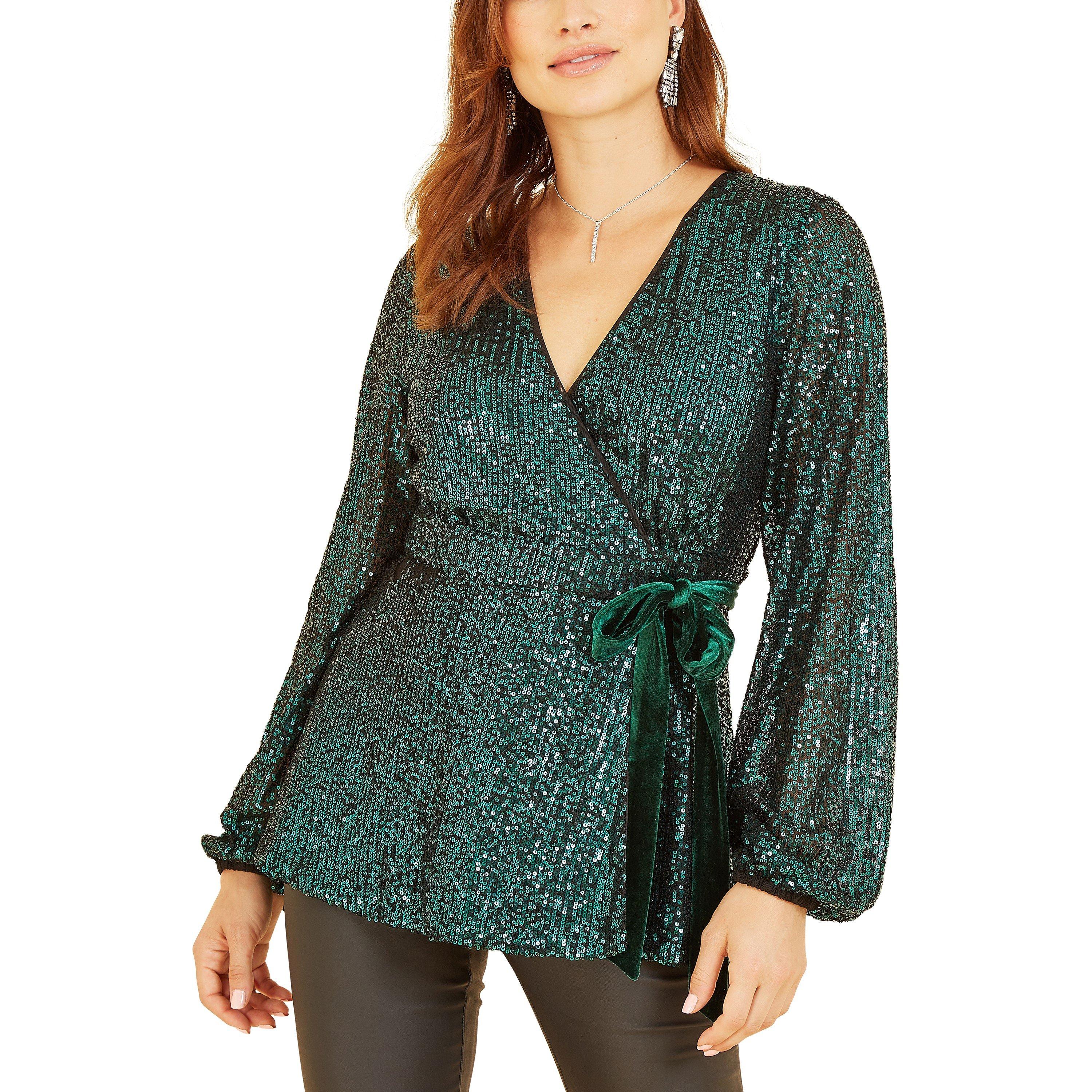 Green - Yumi - Black Sequin Wrap Top With Velvet Tie - 3