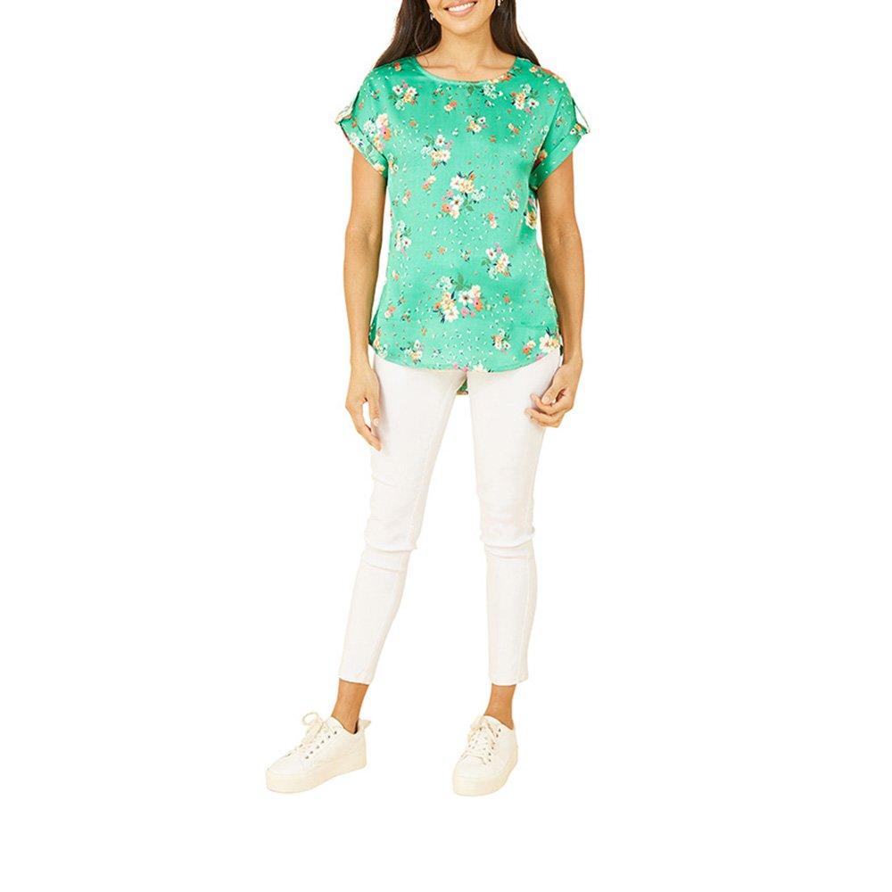 Green - Yumi - Women's Green Satin Floral Relaxed Regular Fit T-Shirt - 2