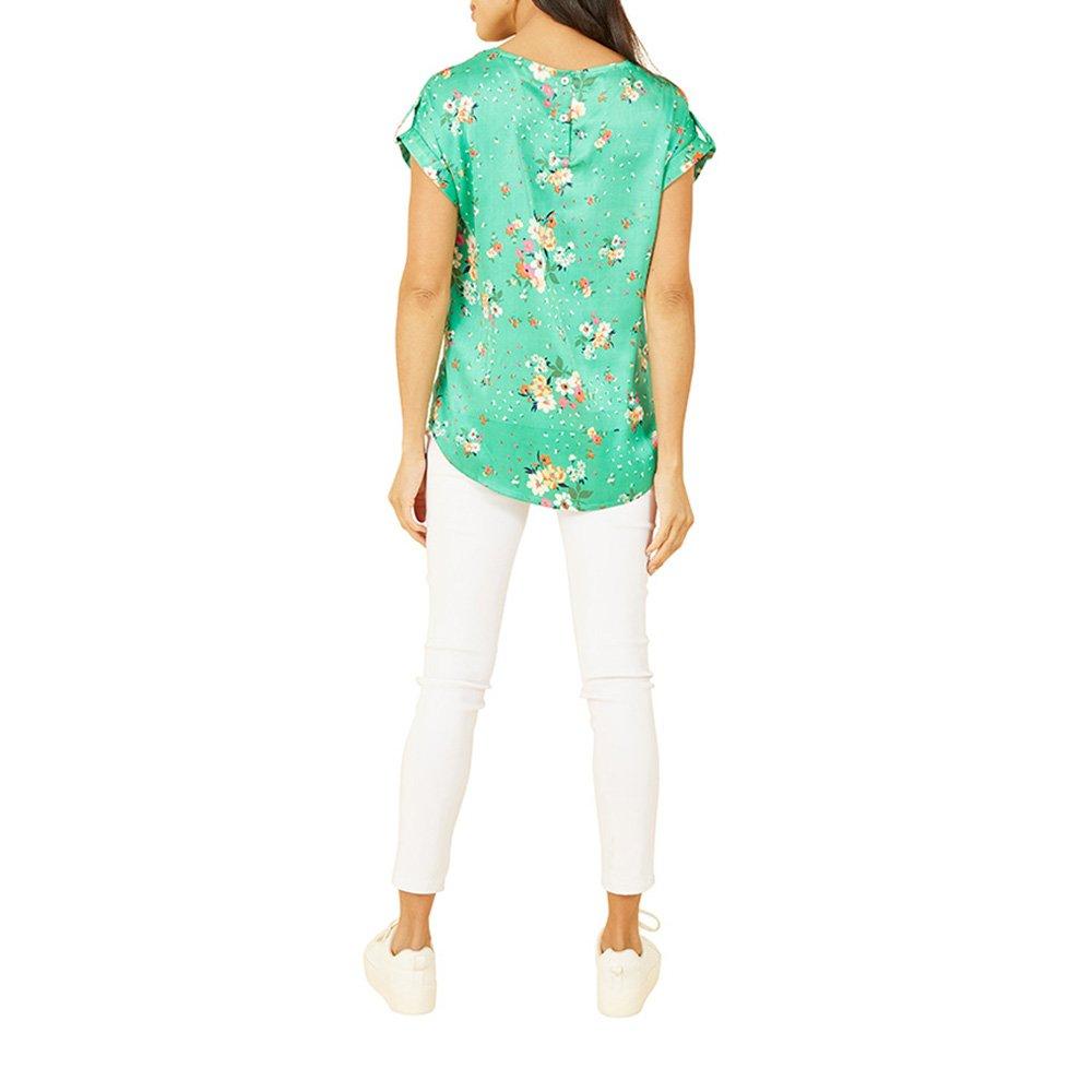 Green - Yumi - Women's Green Satin Floral Relaxed Regular Fit T-Shirt - 4