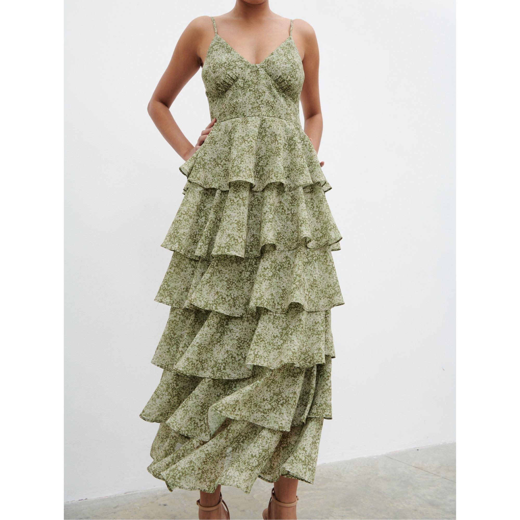 Pretty Lavish Women's Lissy Ruffle Midaxi Dress - Green Abstract - 12 (M)