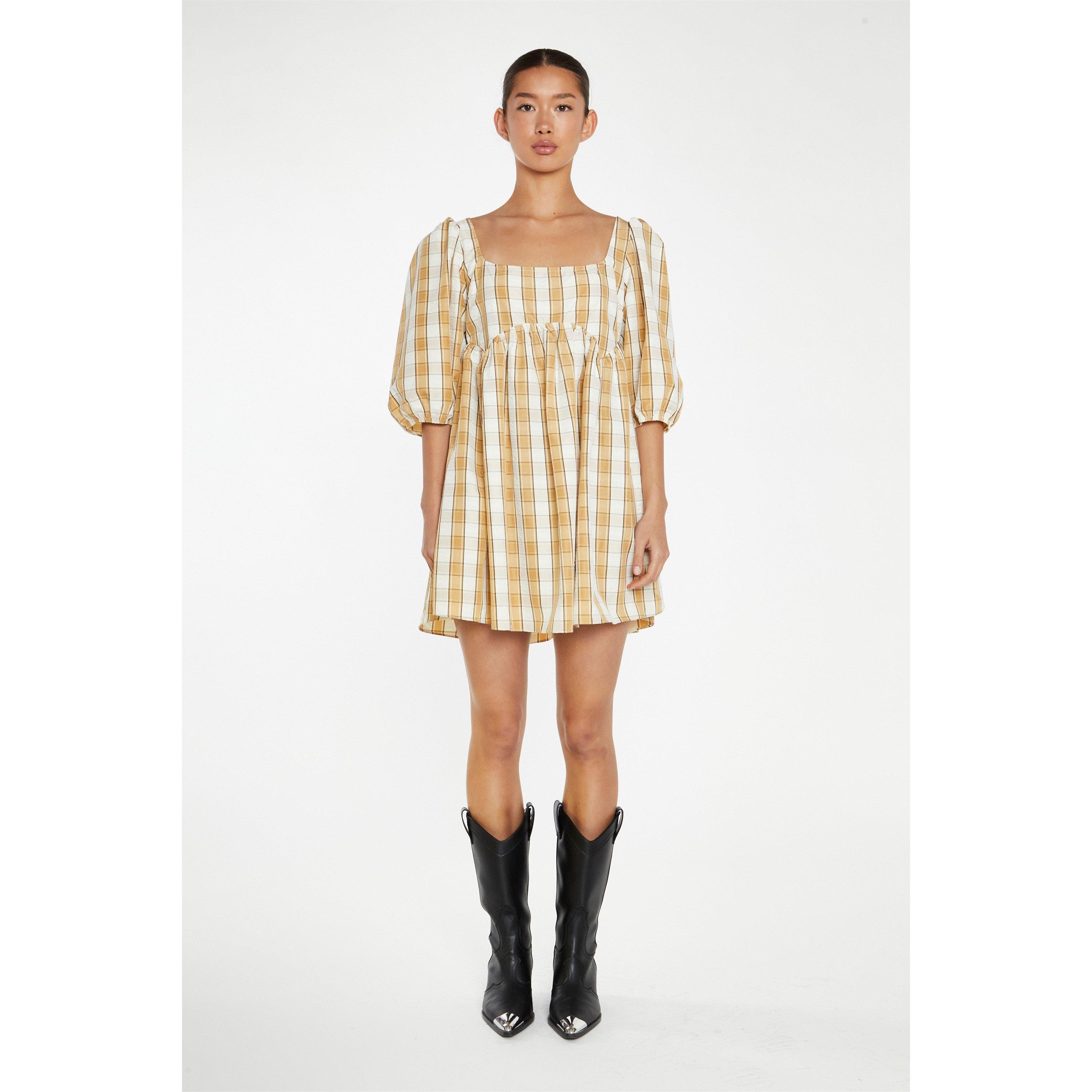 Beige - Glamorous - Beige-Cream Check Square-Neck Smock Mini-Dress - 1