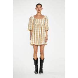 Glamorous Beige-Cream Check Square-Neck Smock Mini-Dress