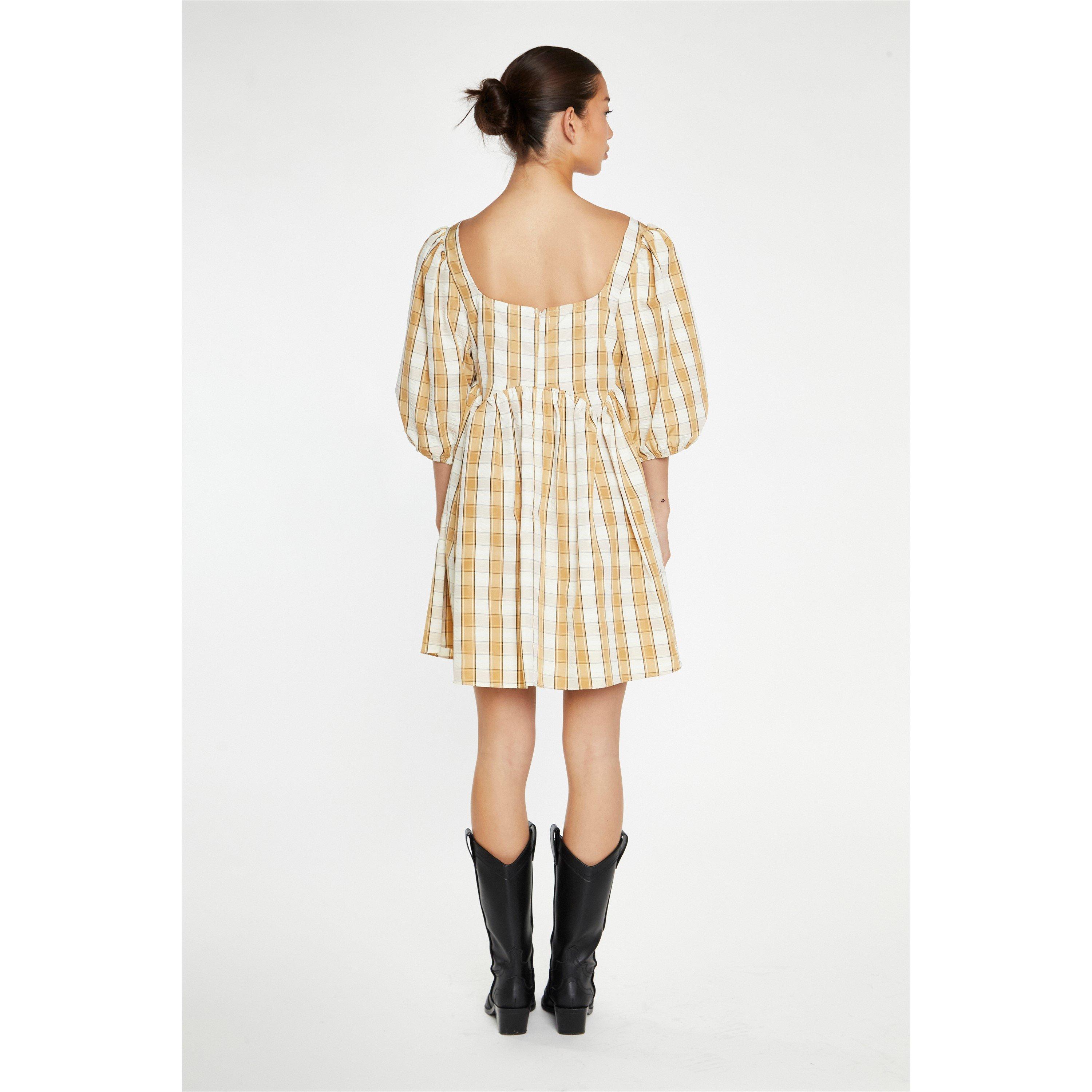 Beige - Glamorous - Beige-Cream Check Square-Neck Smock Mini-Dress - 3