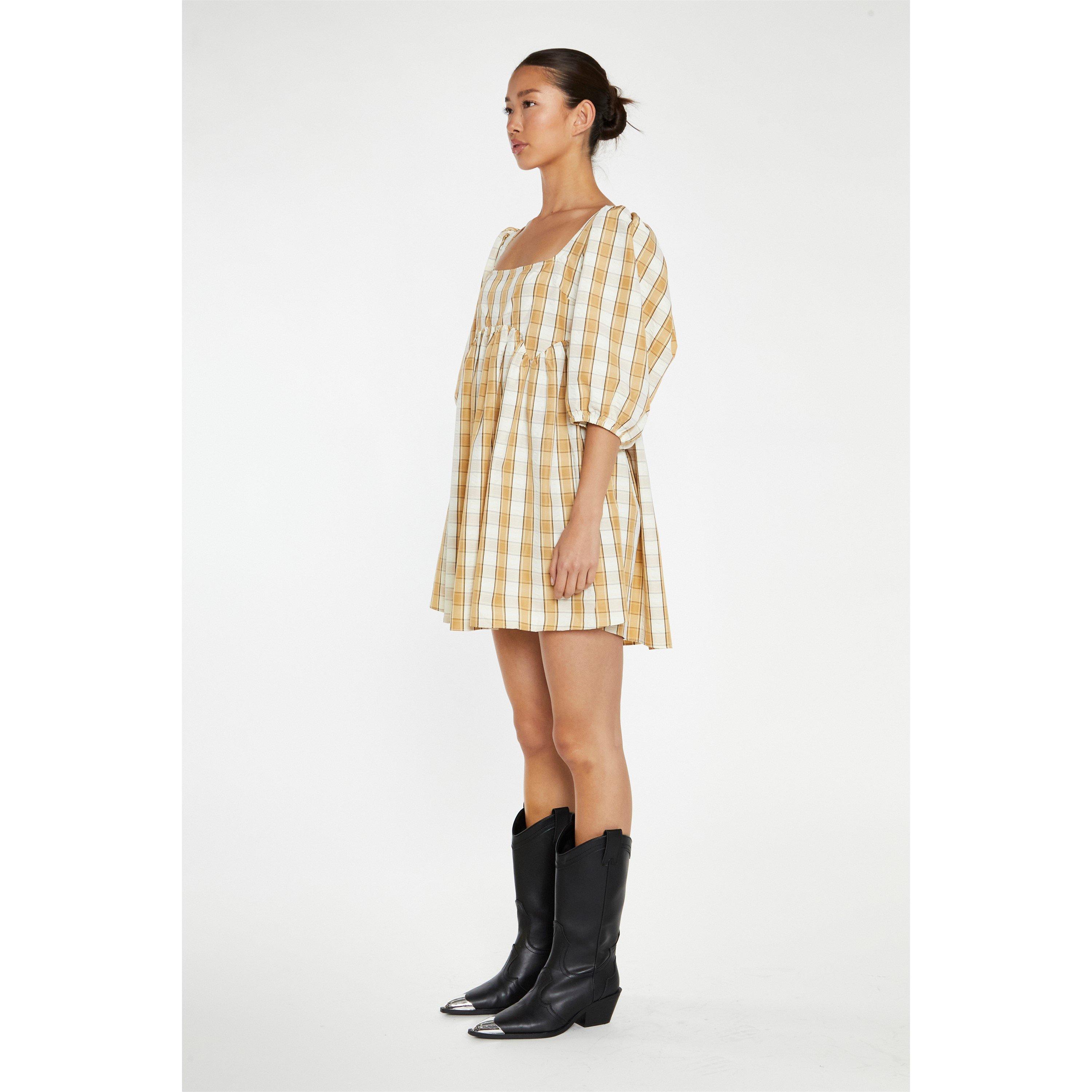 Beige - Glamorous - Beige-Cream Check Square-Neck Smock Mini-Dress - 4