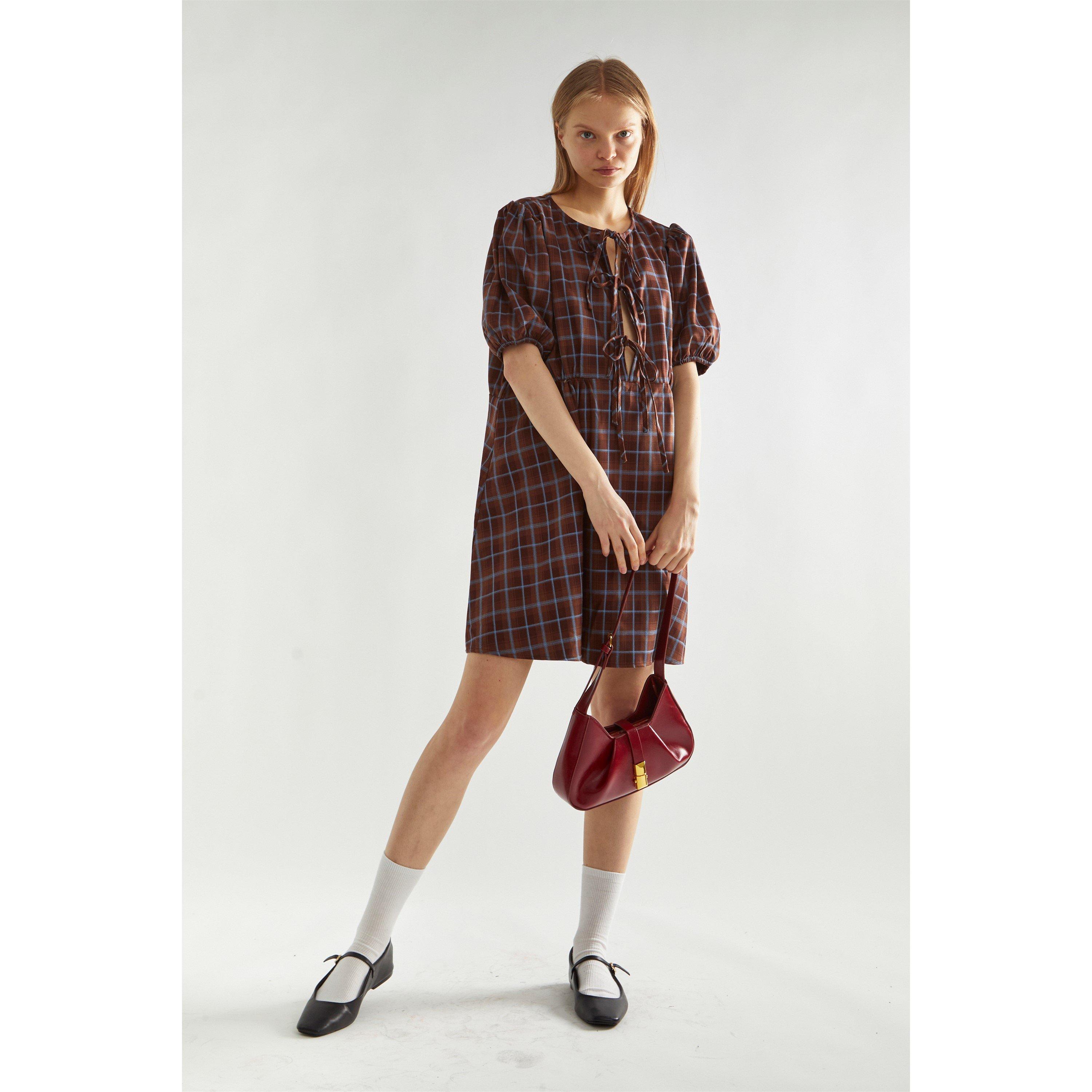 Brown - Glamorous - Brown-Blue Check Tie-Front Mini-Dress - 1