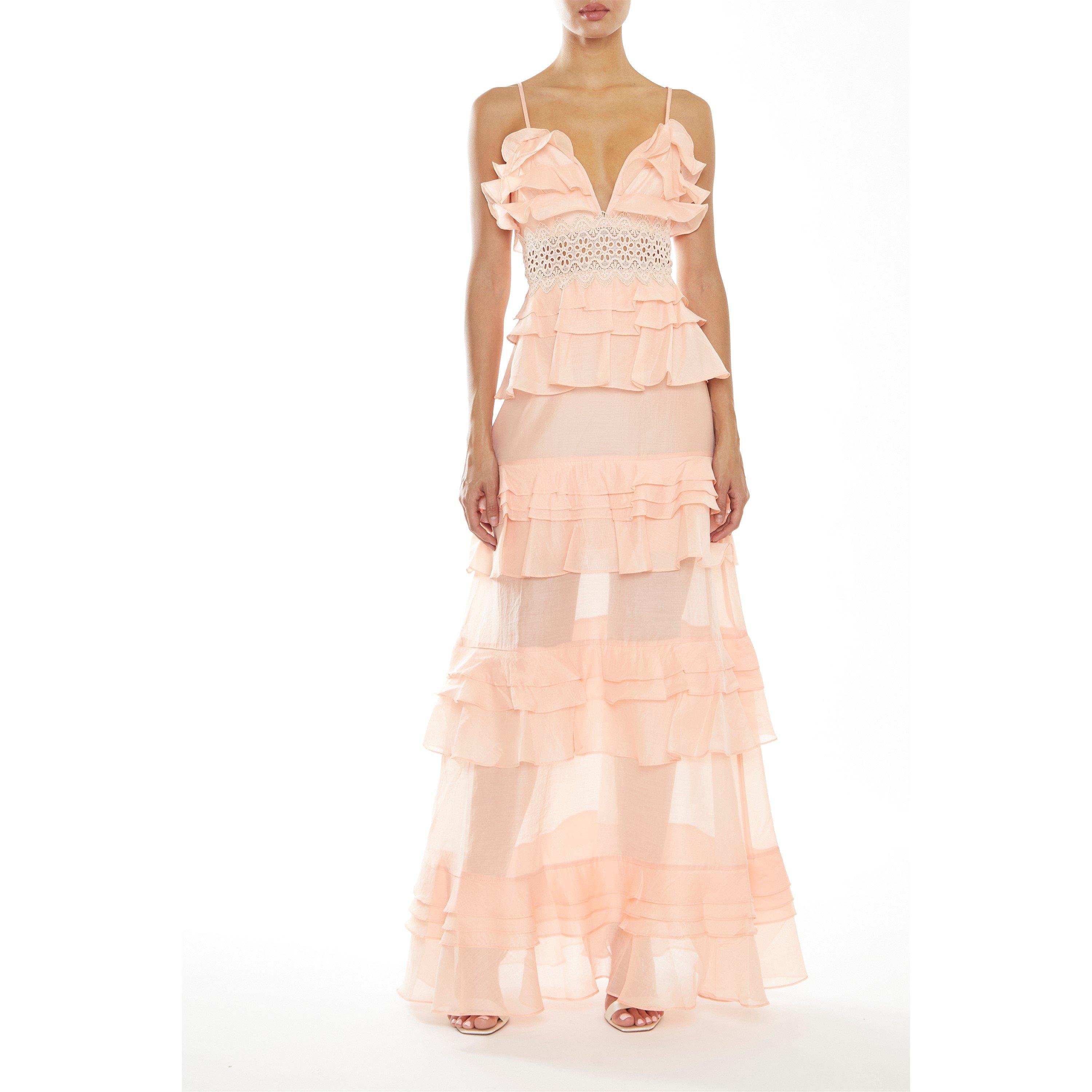 Nude - True Decadence - Decadence Sophia Soft-Peach Plunge Front Tiered Ruffle Maxi-Dress - 1