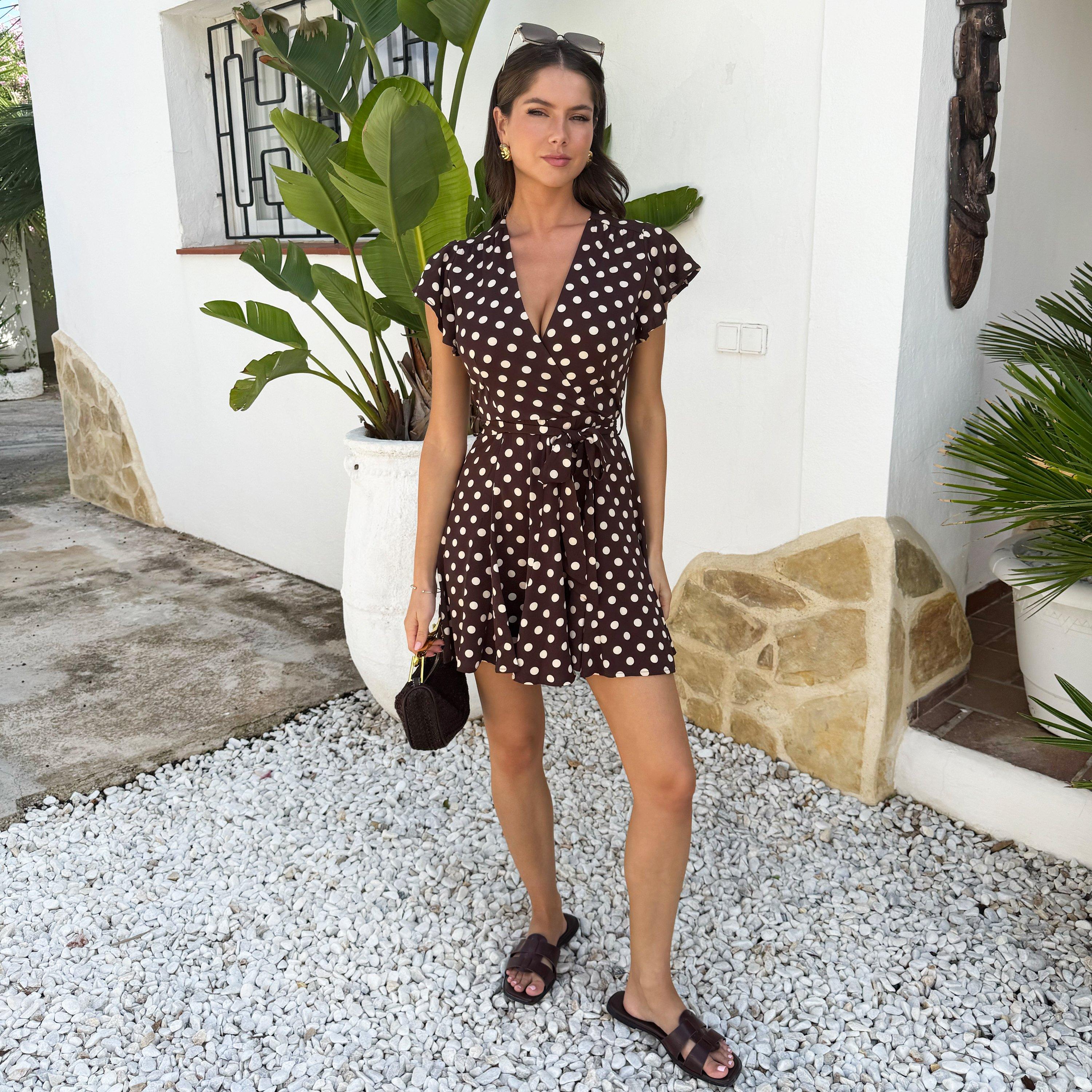 Chocolate - AX Paris - Chocolate Polka Dot Print Wrap Top Skater Mini Dress - 1