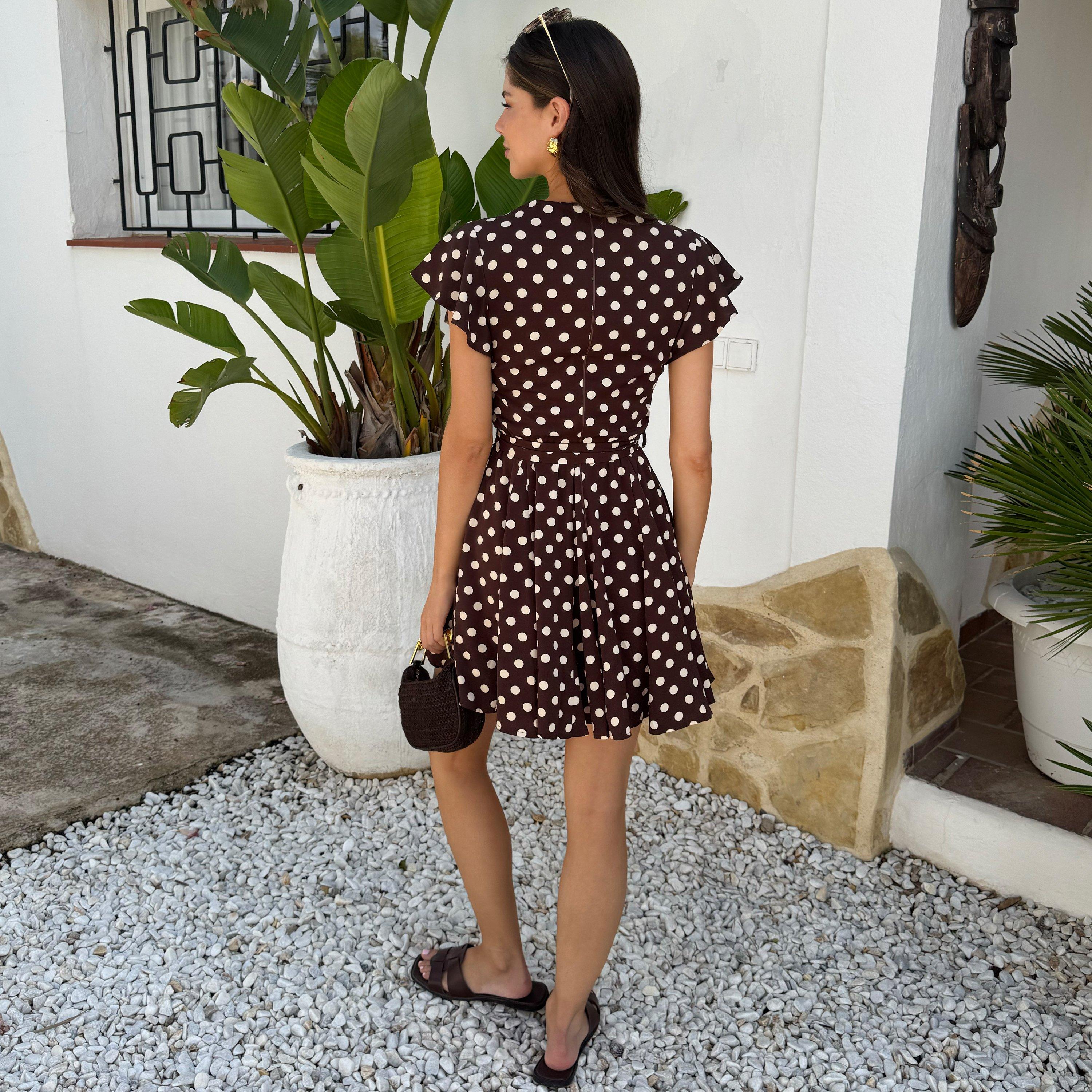 Chocolate - AX Paris - Chocolate Polka Dot Print Wrap Top Skater Mini Dress - 3
