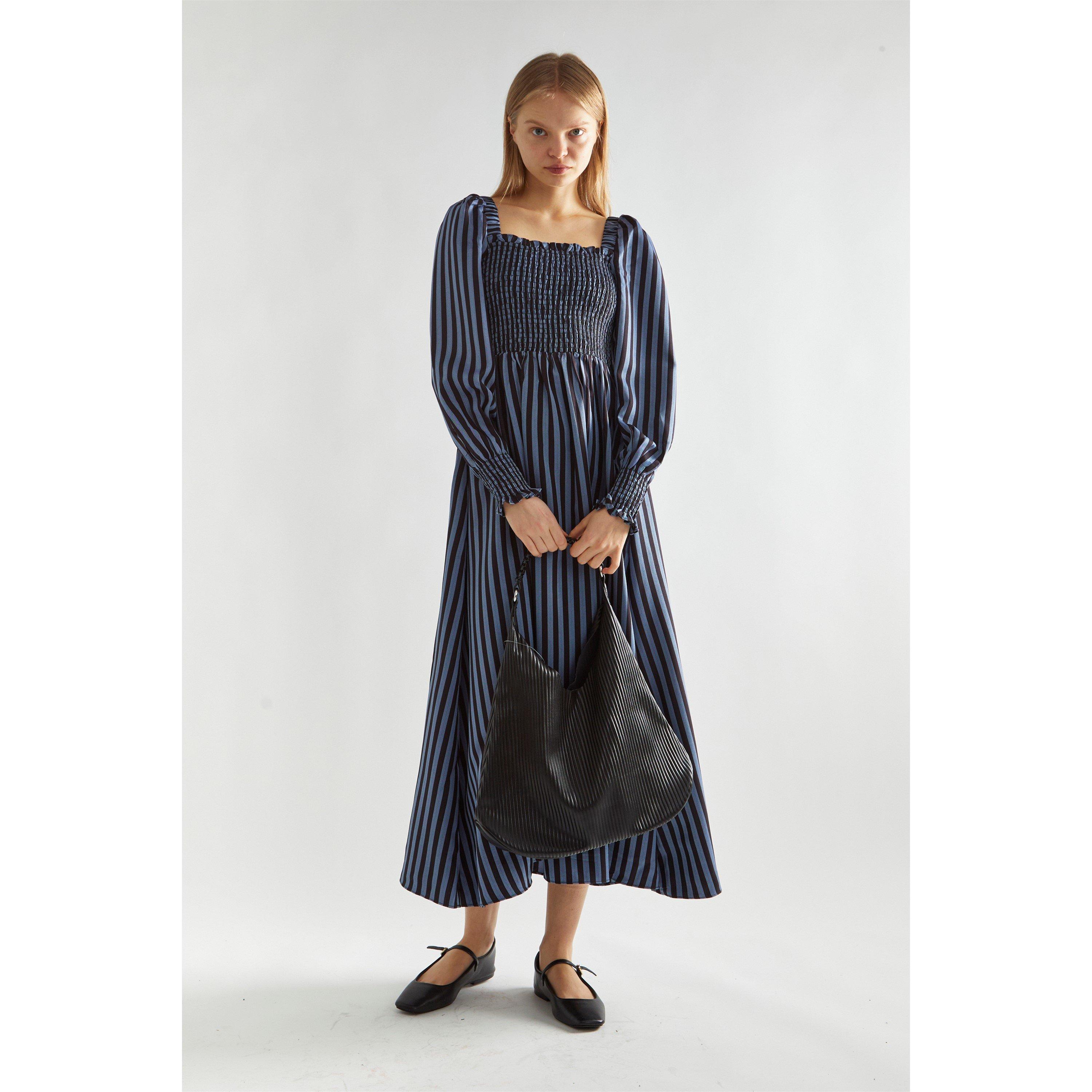 Blue - Glamorous - Blue-Black Stripe Shirred Midi-Dress - 1